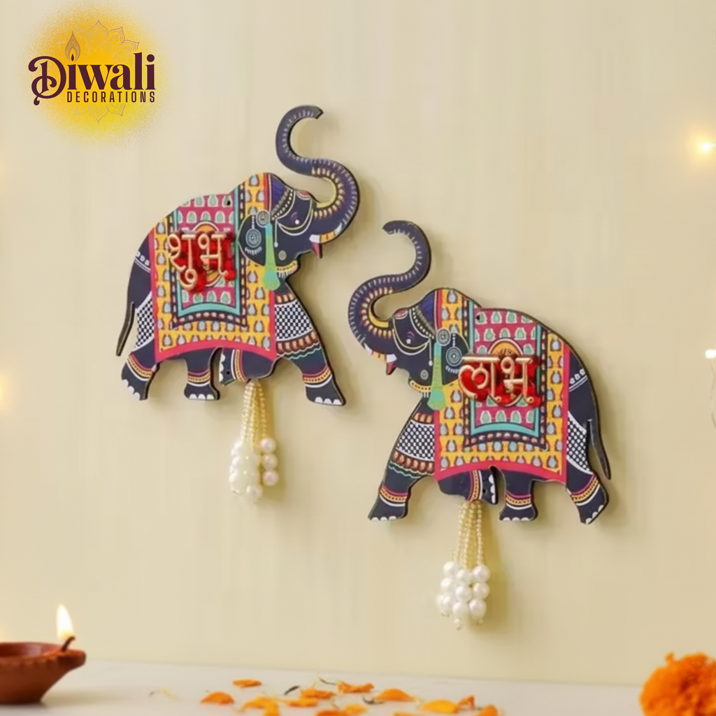 Elephant Designer Set of 2 with Shubh Labh Wall Hanging – Diwali Decoration