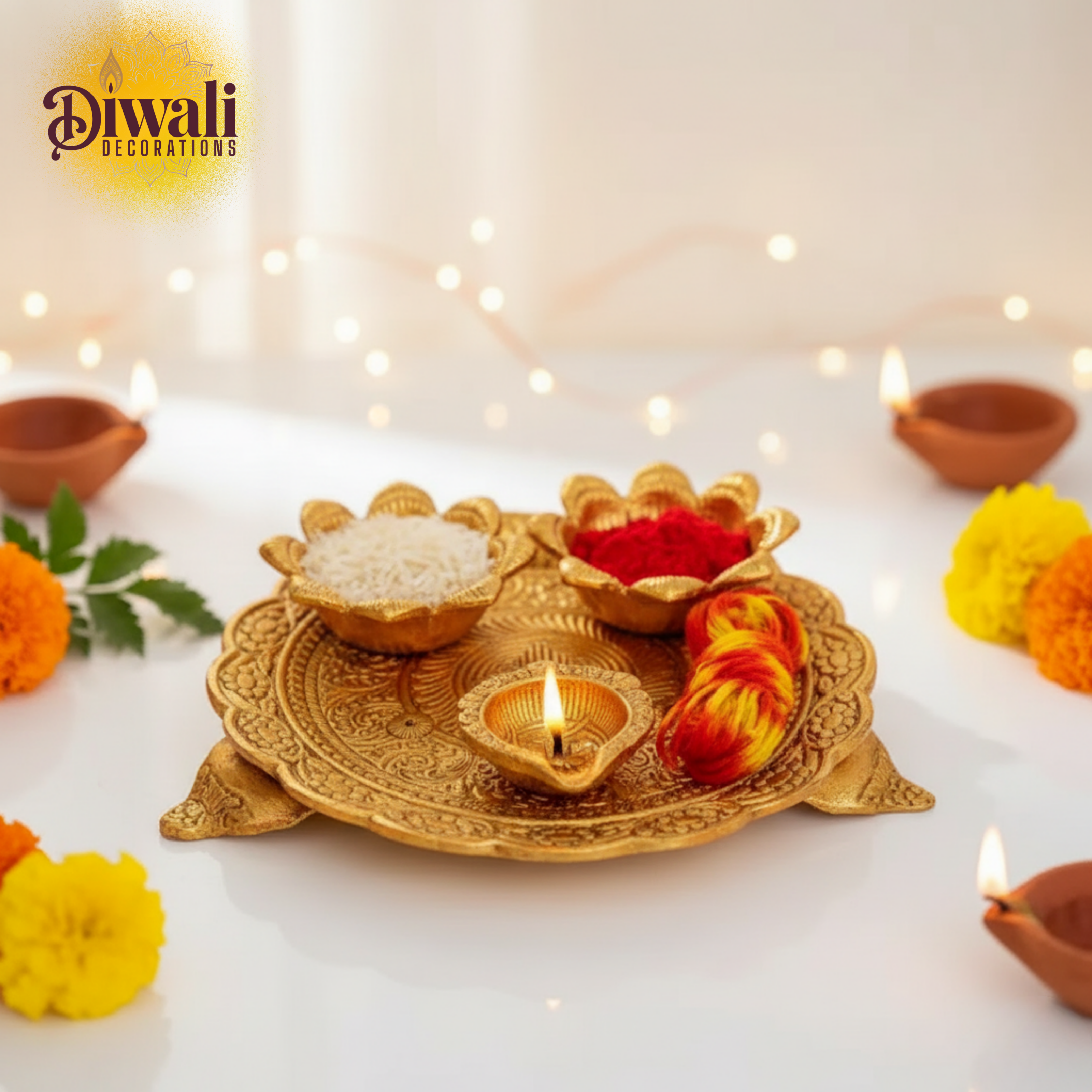 Decorative setup for Diwali with gold tray, lit candle, and flowers on a white background.