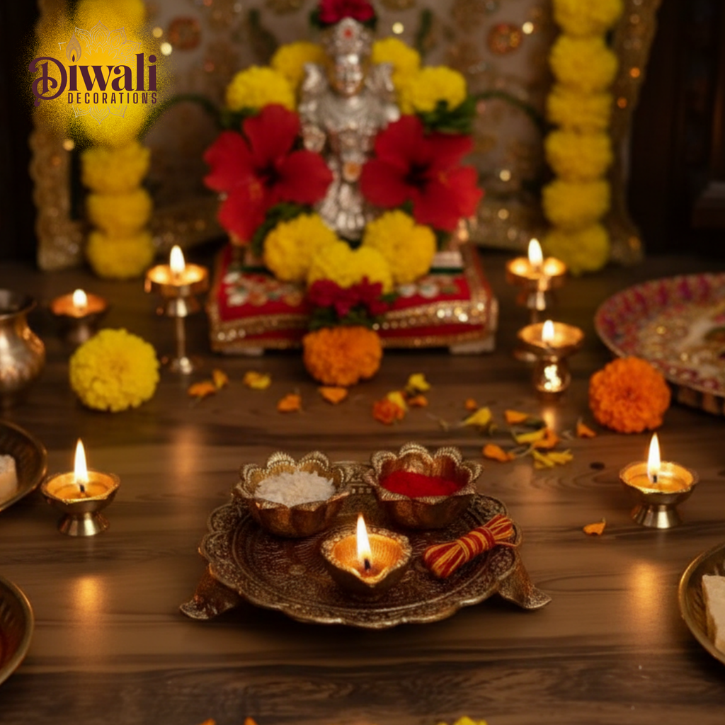 Diwali decorations with lit candles, flowers, and a deity idol on a wooden table.