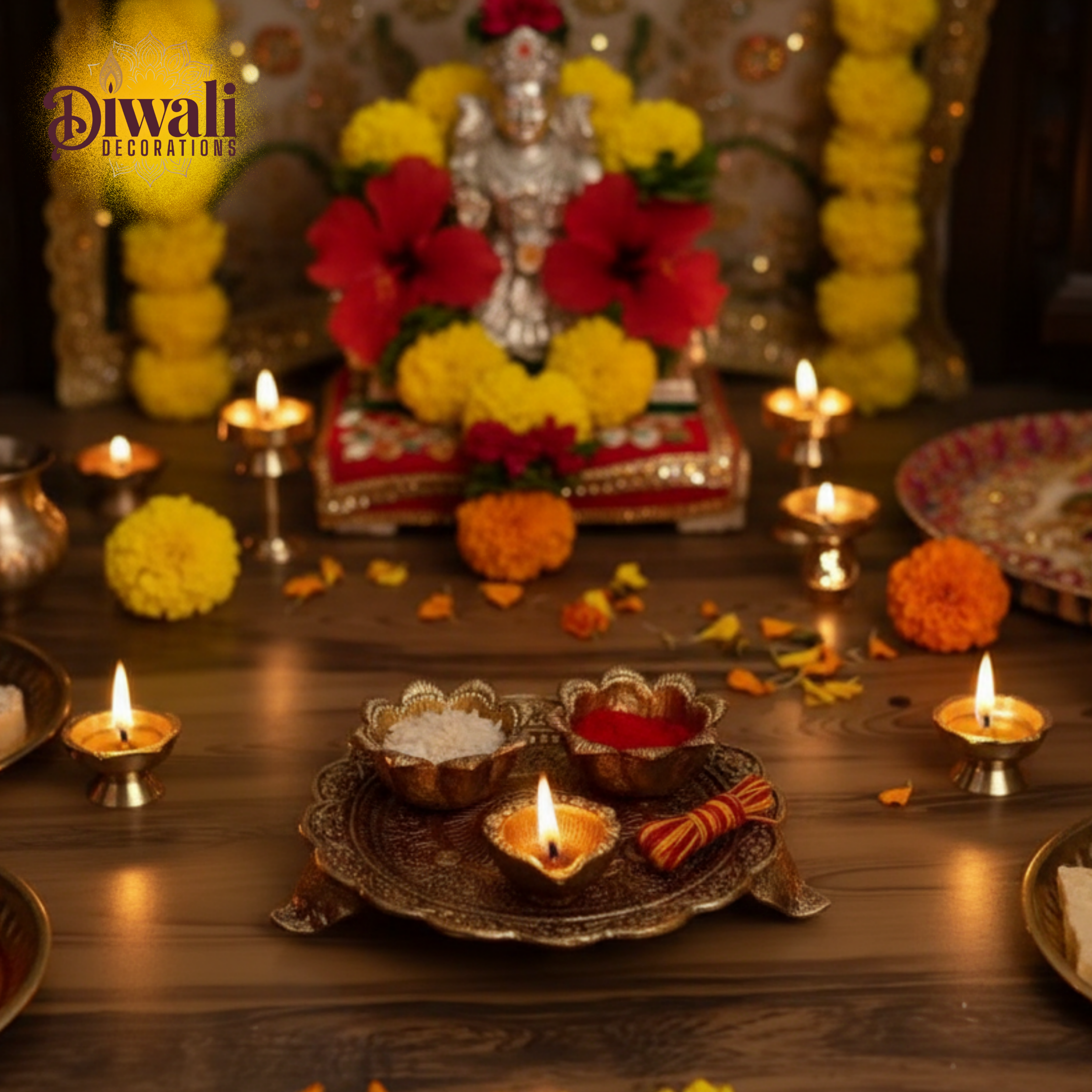 Diwali decorations with lit candles, flowers, and a deity idol on a wooden table.