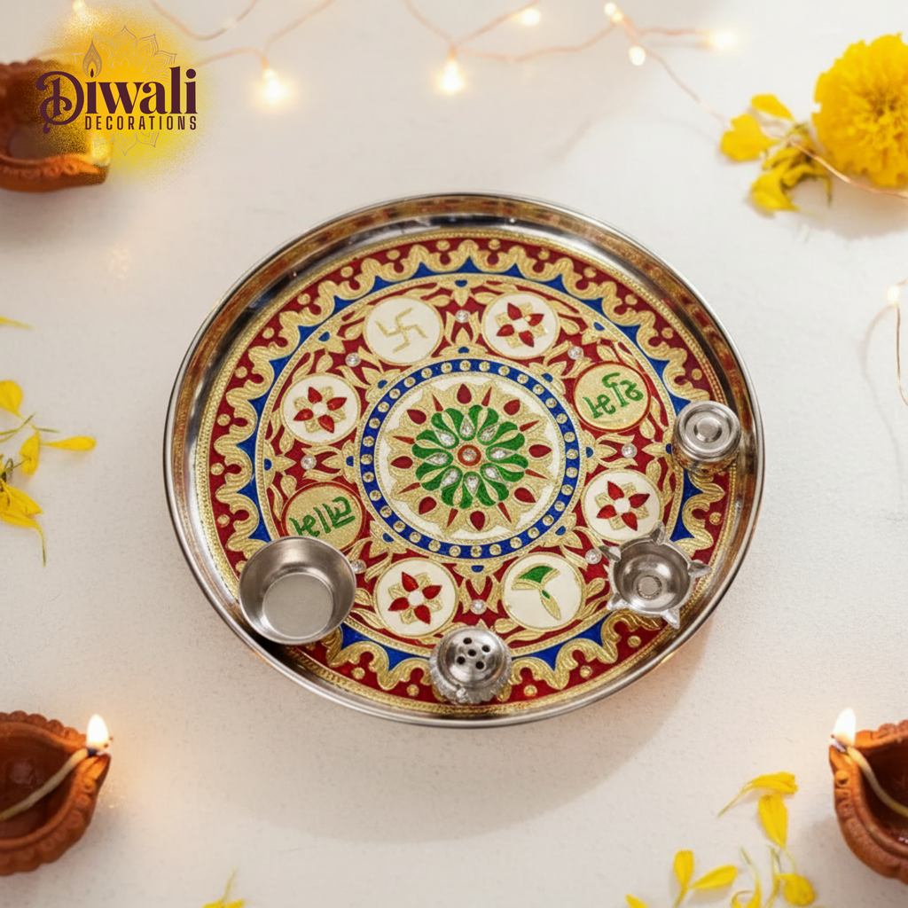 Decorative tray with colorful patterns on a Diwali-themed background with lights and flowers.