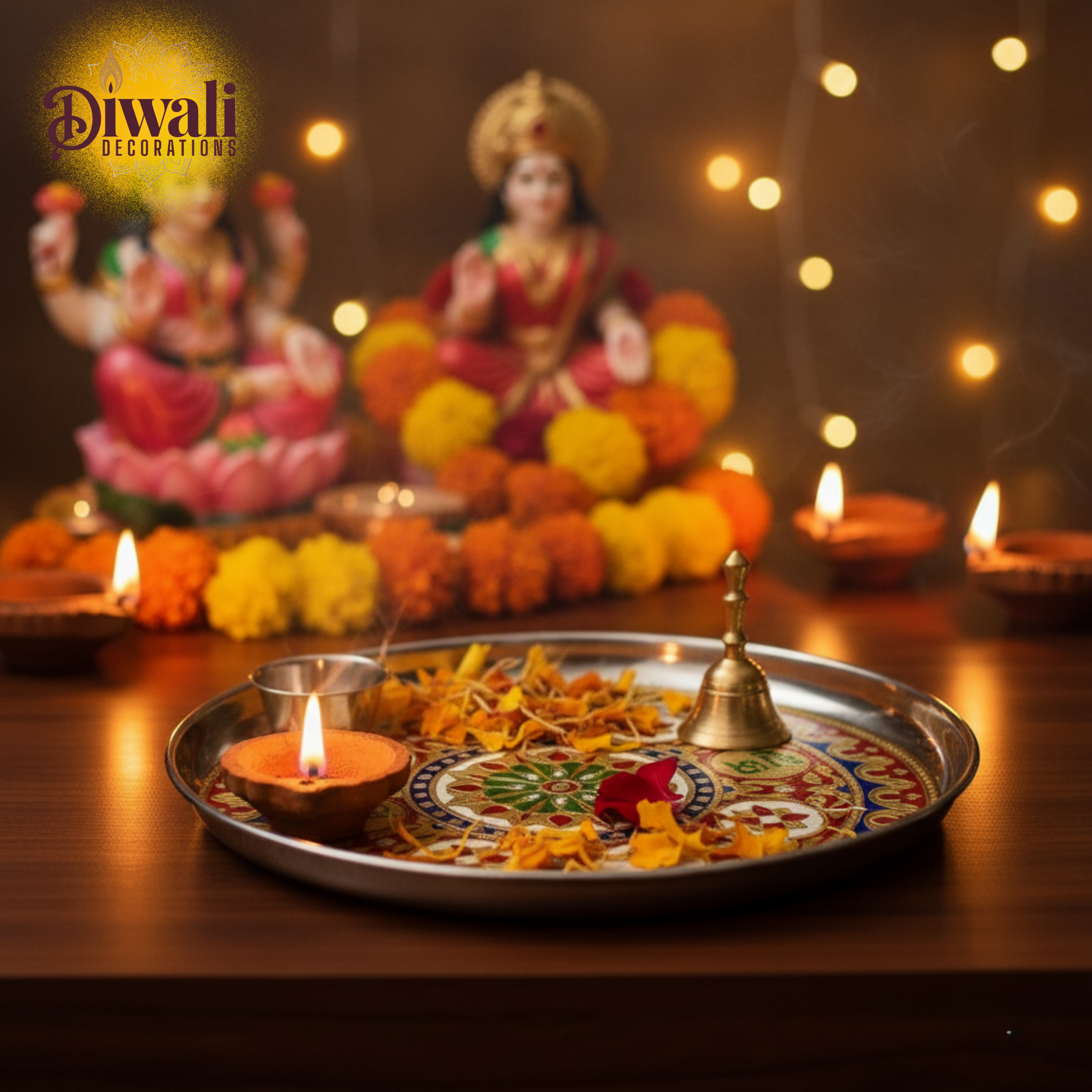 Decorative Diwali setup with lit candles, flowers, and statues on a dark background.