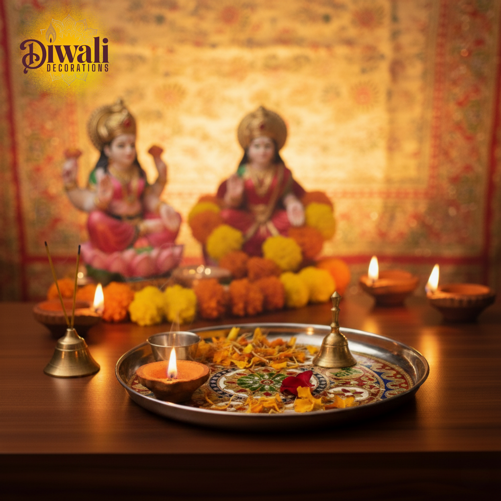 Decorative setup for Diwali with idols, candles, and flowers on a table.