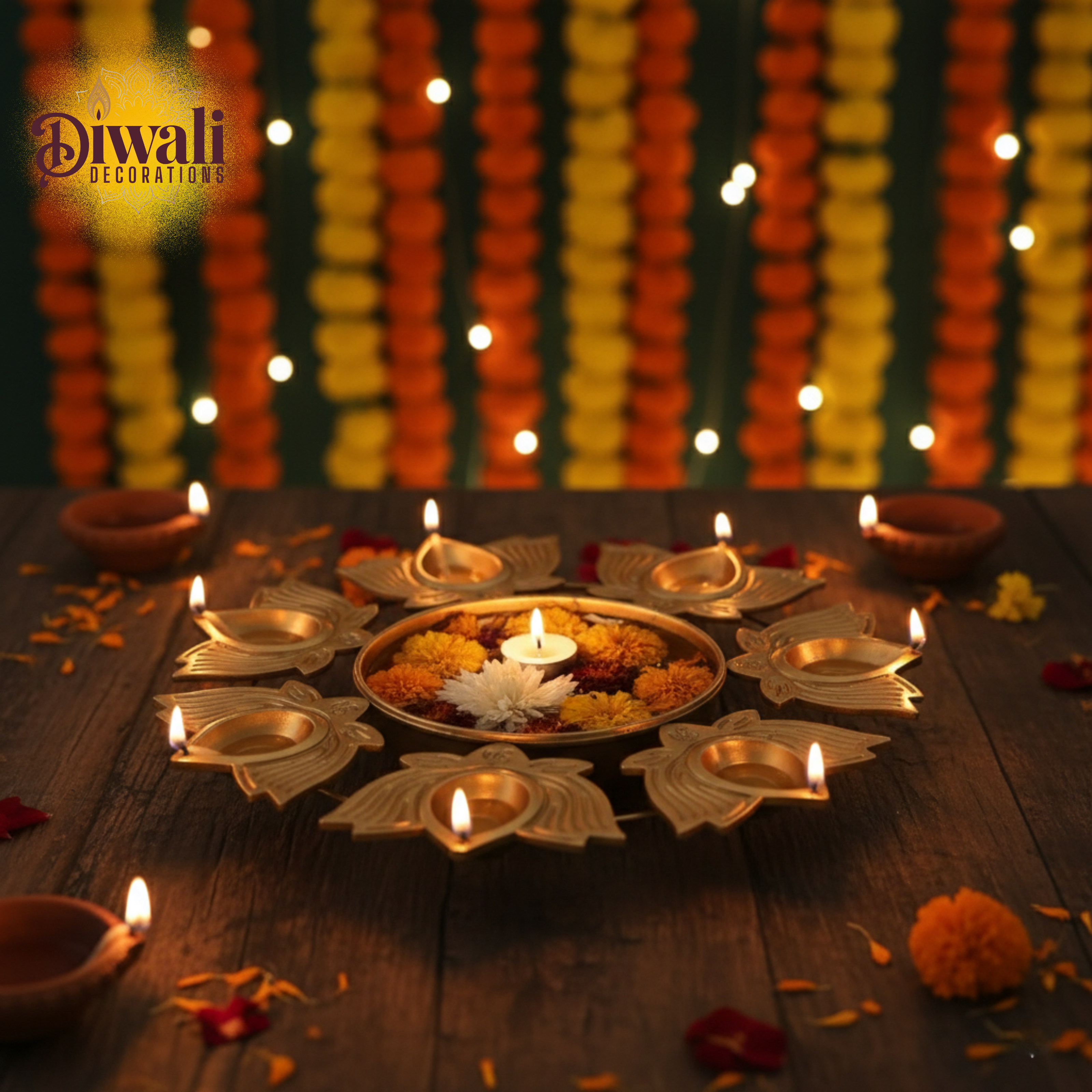 Metal Lotus Diya Urli Bowl (10 Inch) — Floating Flowers & T-Light Diwali Decorations