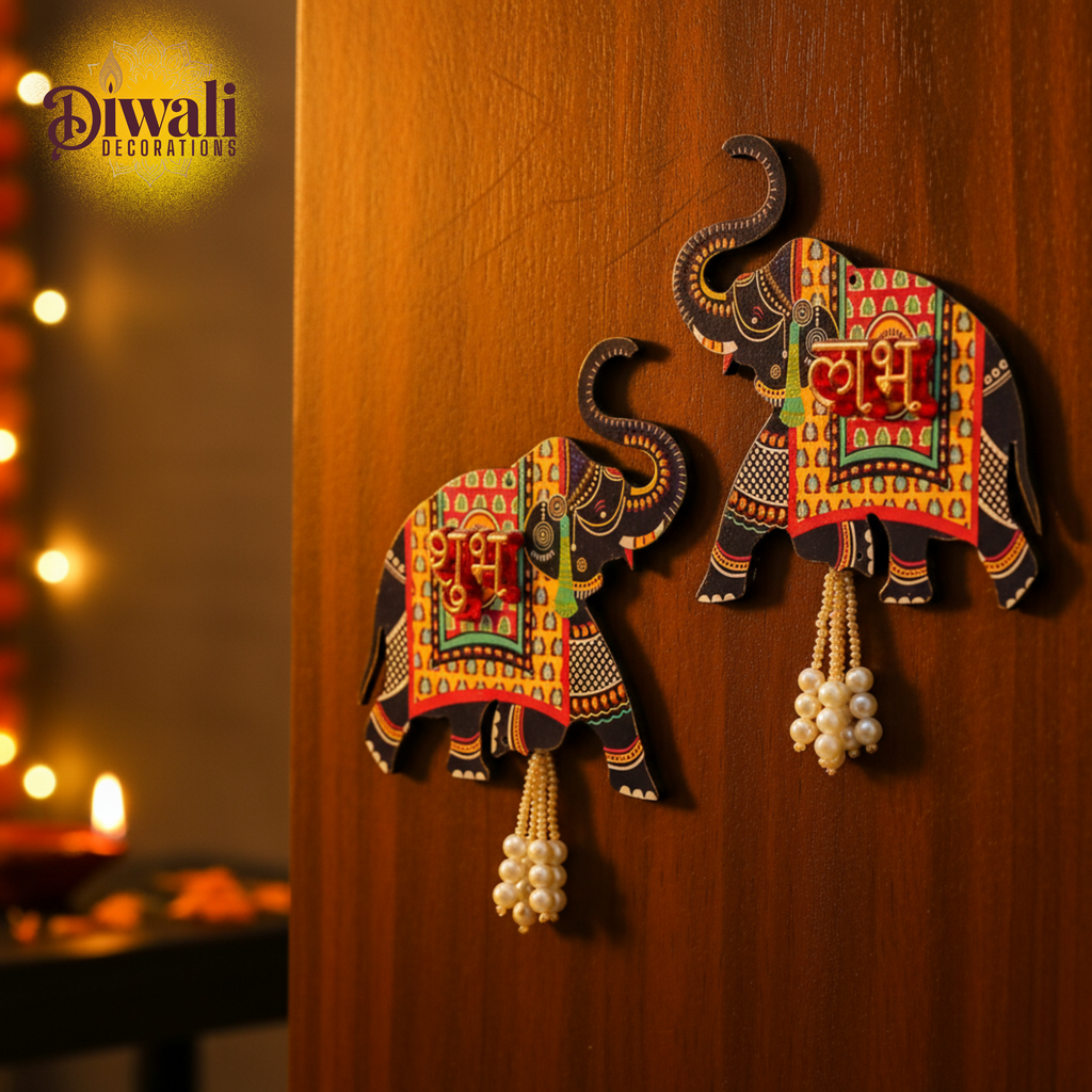 Elephant Designer Set of 2 with Shubh Labh Wall Hanging – Diwali Decoration