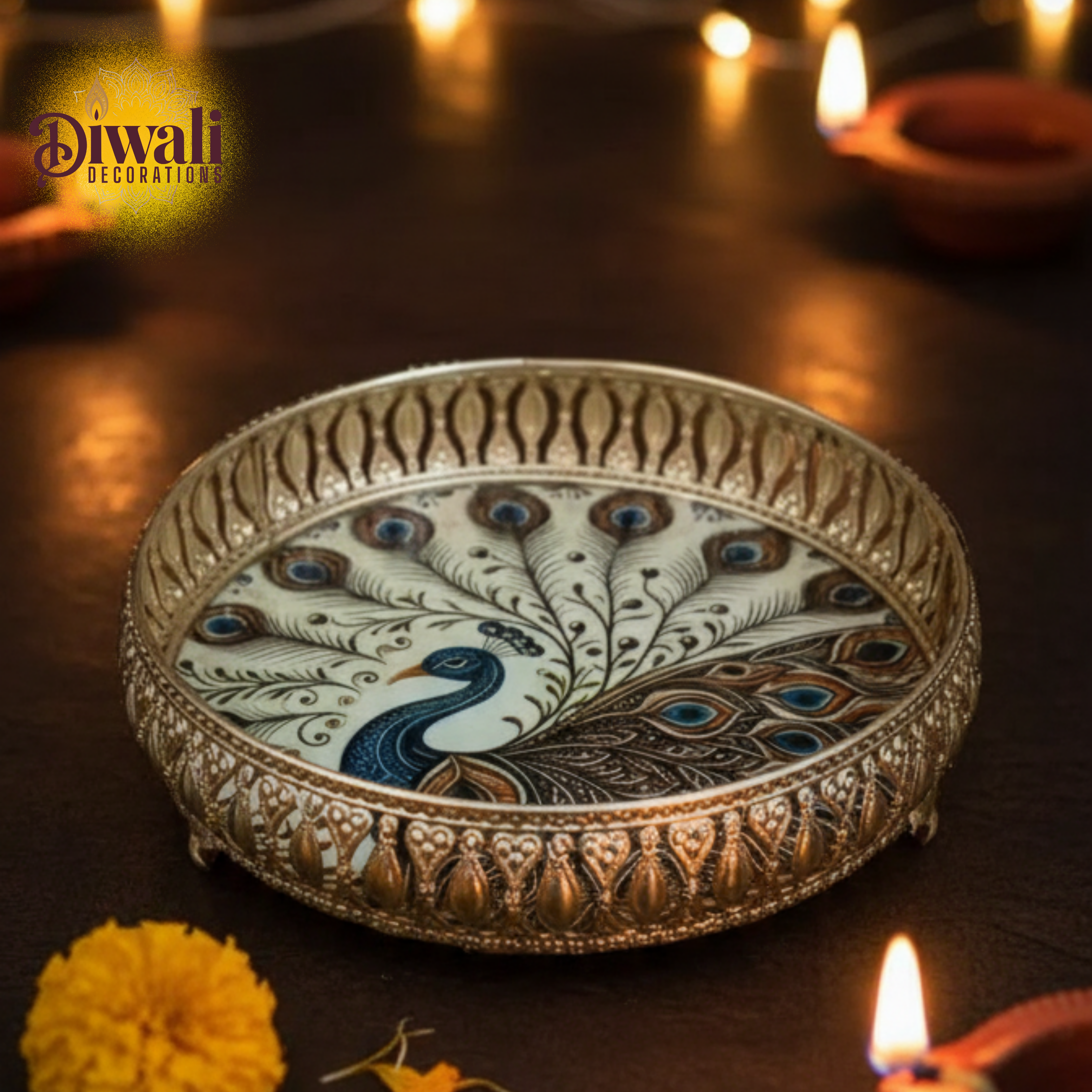 Decorative plate with peacock design on a Diwali-themed background