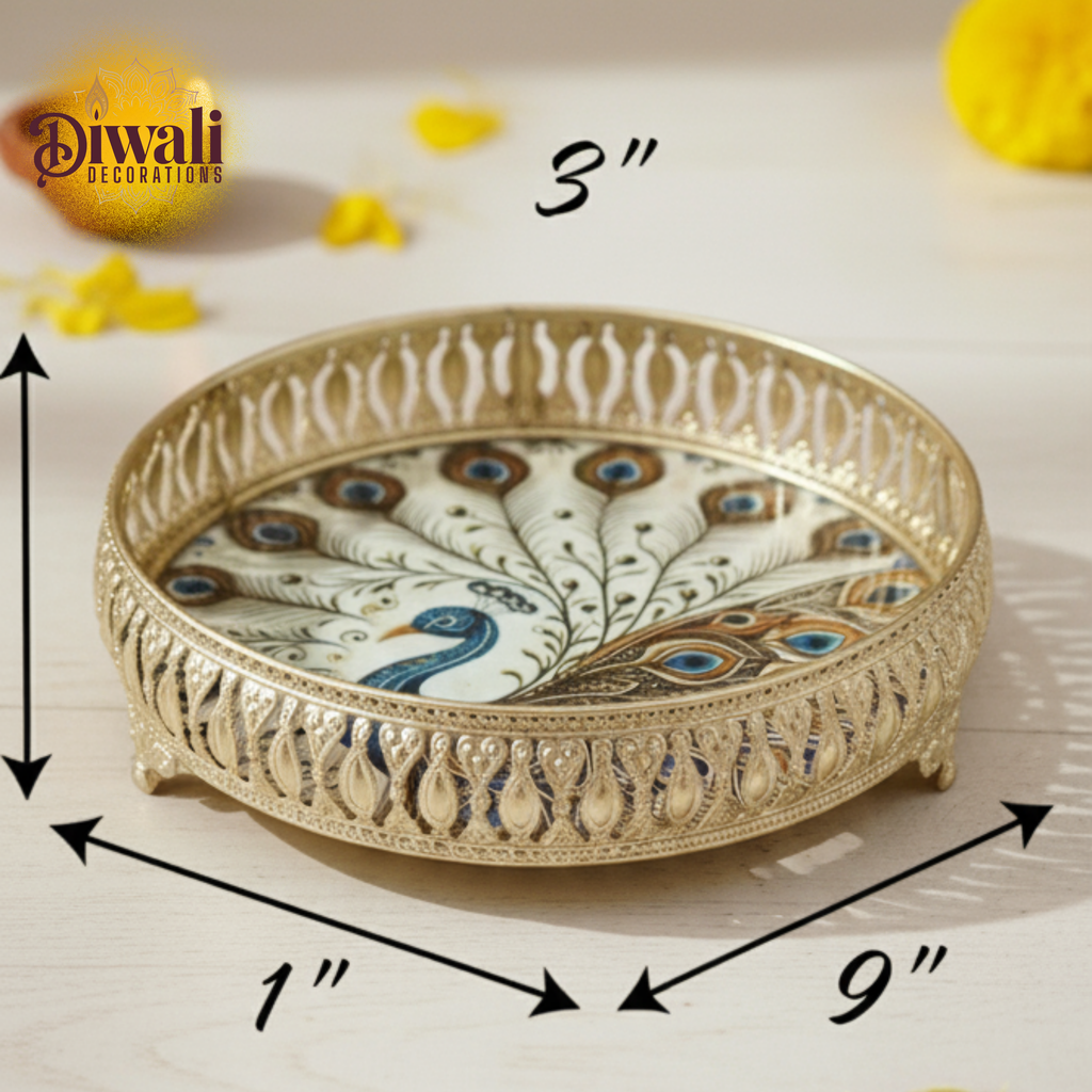 Decorative tray with peacock design and measurements on a white background