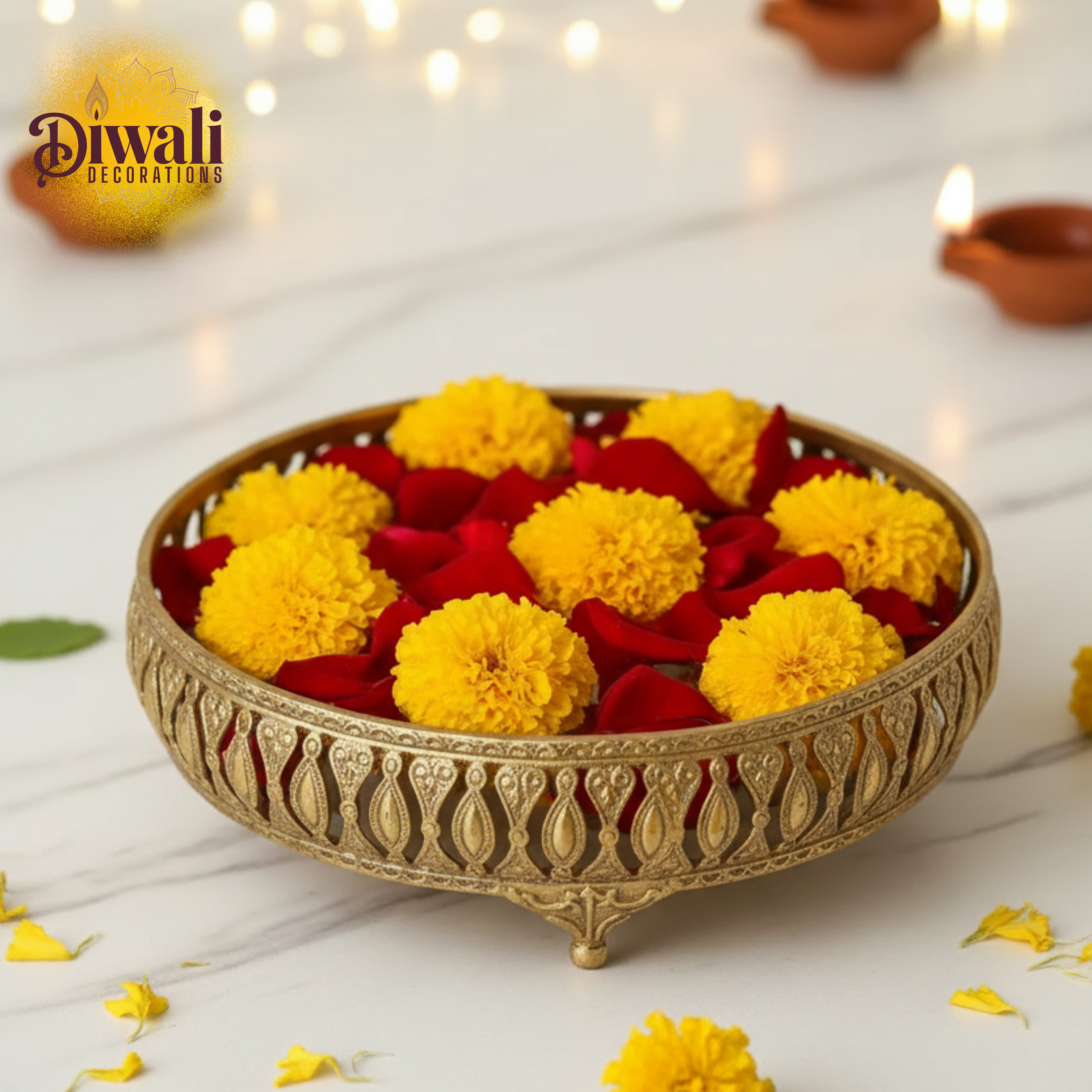 Decorative bowl with yellow and red flowers on a Diwali-themed background