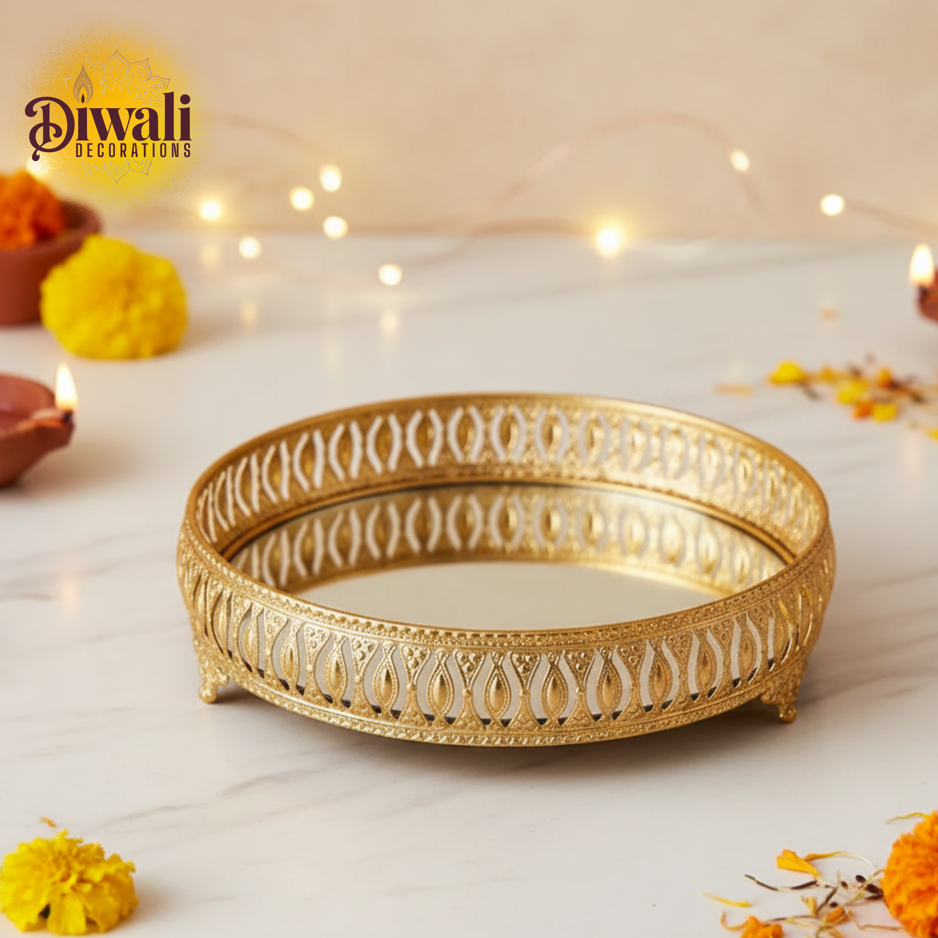 Decorative gold tray on a Diwali-themed background with lights and flowers.