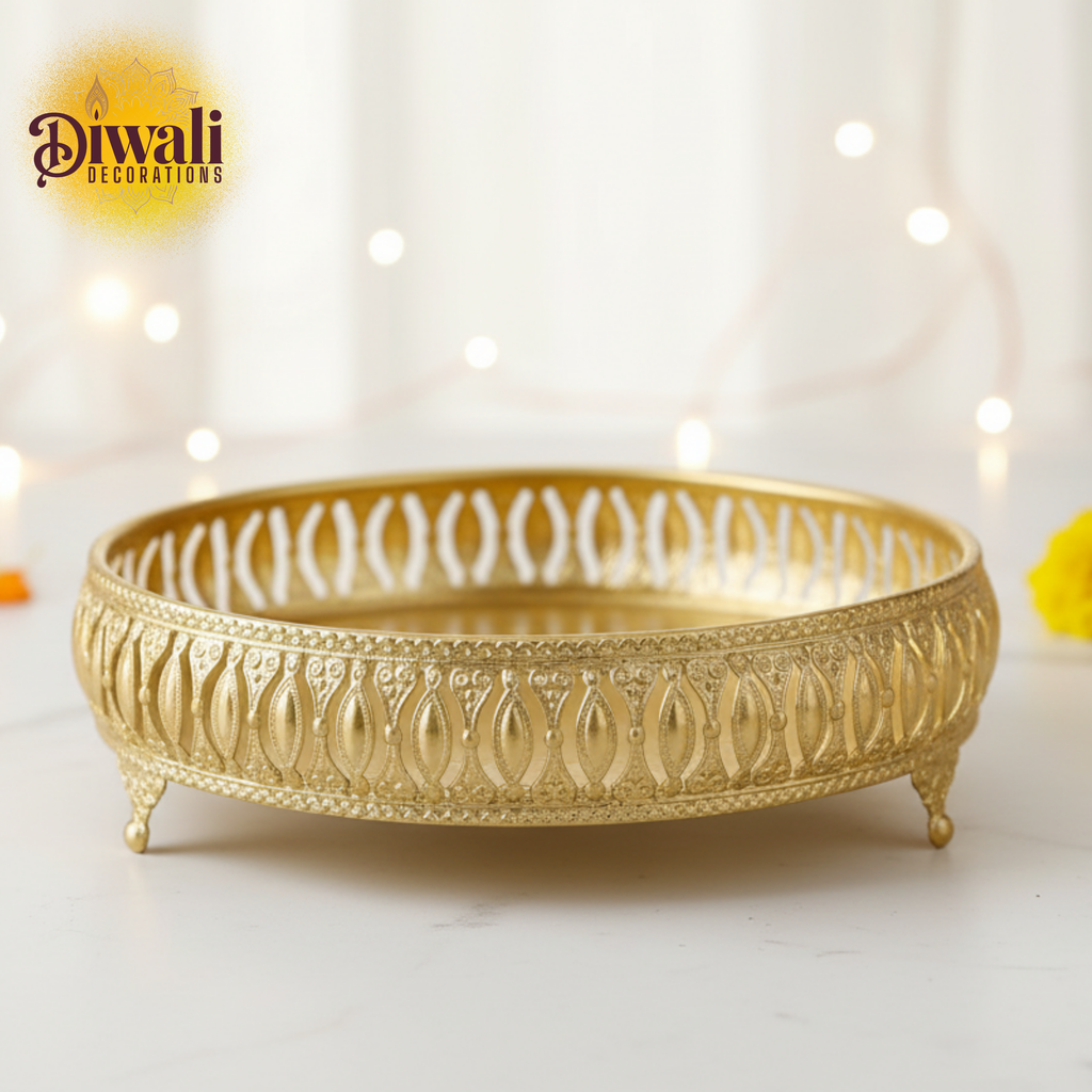 Decorative gold bowl with intricate patterns on a white background, featuring 'Diwali Decorations' branding.
