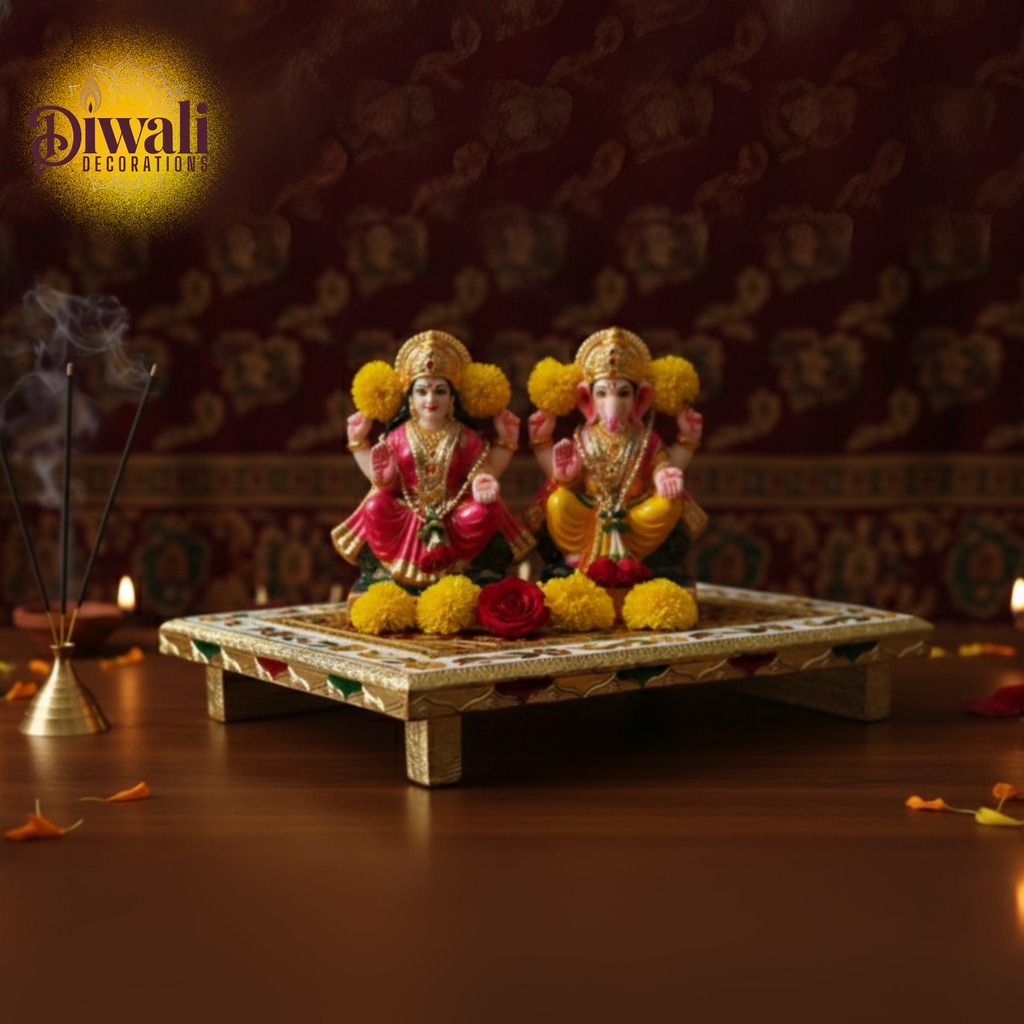 Decorative figure of laxmi ganesh on a platform with Diwali decorations in the background.