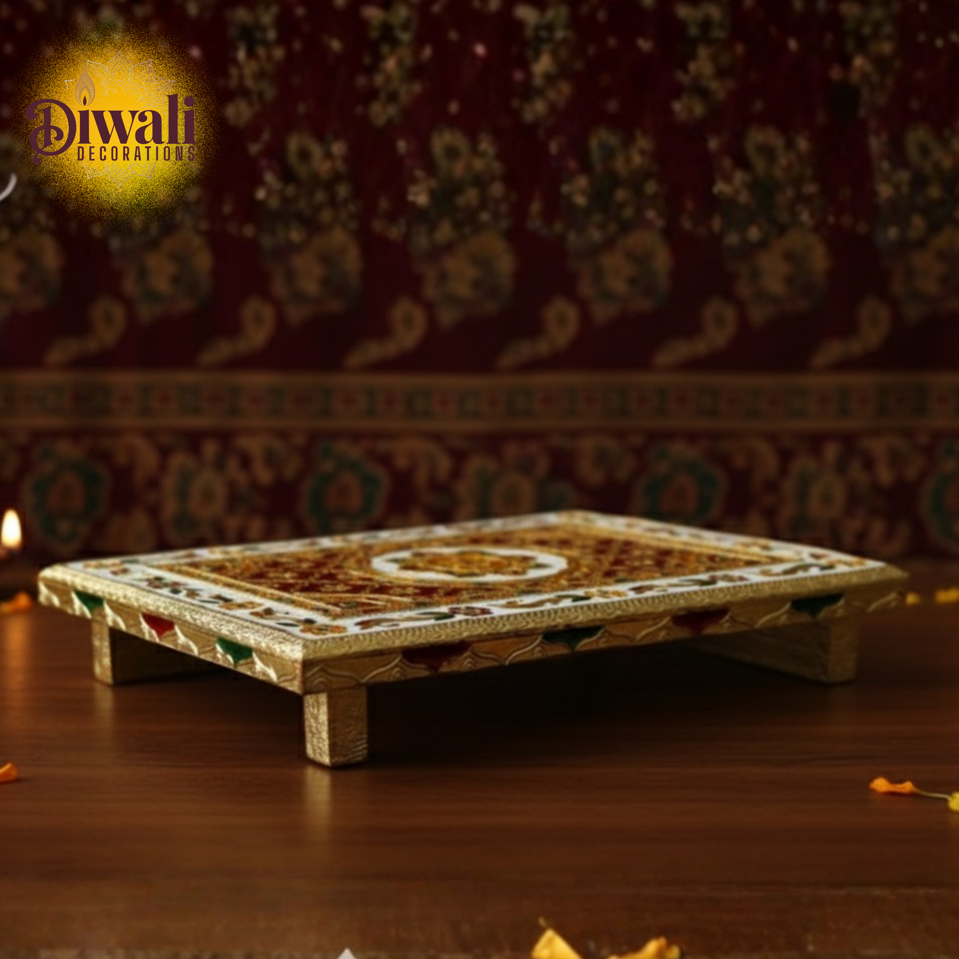 Decorative platform with intricate design on a wooden surface, featuring 'Diwali Decorations' branding.