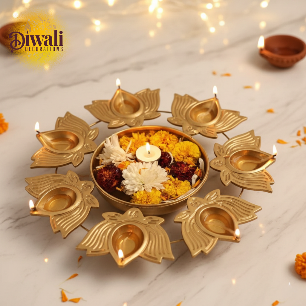 Metal Lotus Diya Urli Bowl (10 Inch) — Floating Flowers & T-Light Diwali Decorations