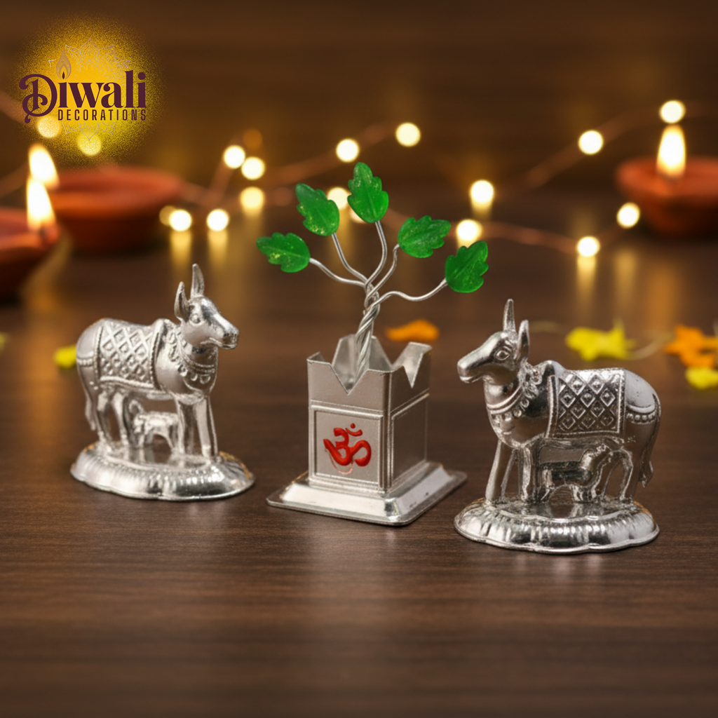 Decorative silver cow and calf statues with a plant on a wooden surface, Diwali decorations in the background.