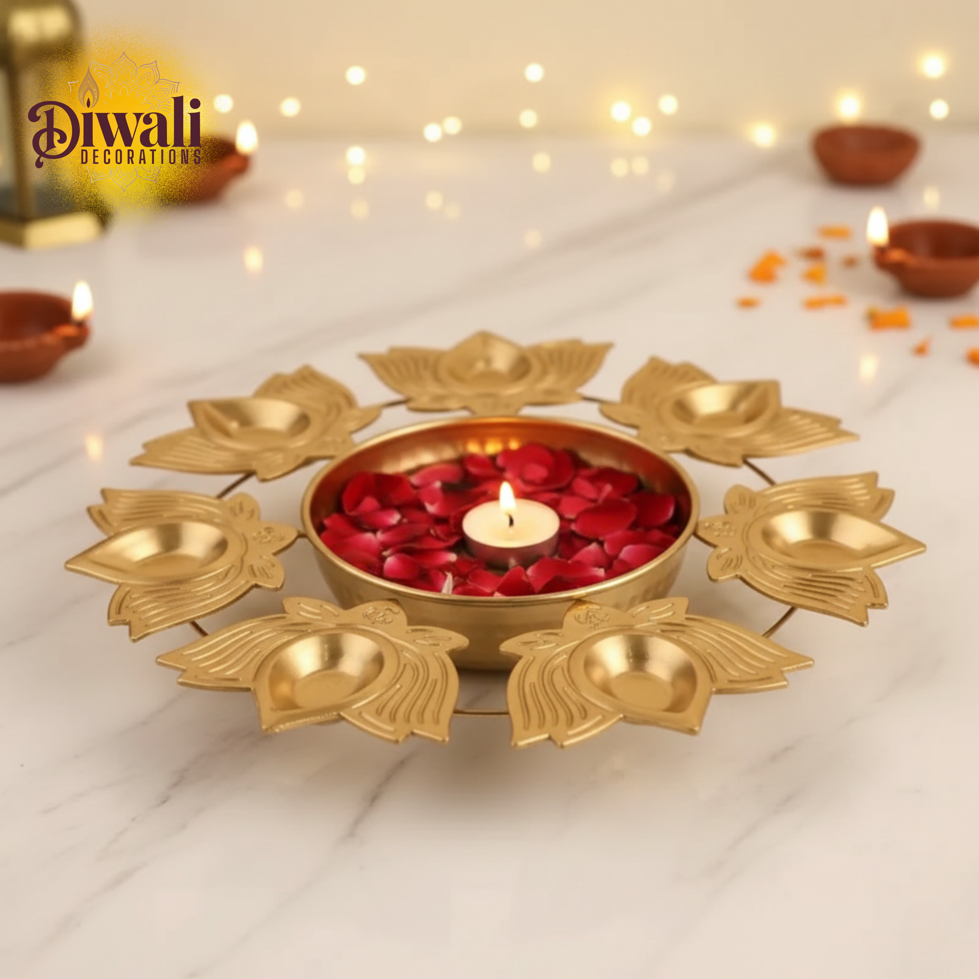 Metal Lotus Diya Urli Bowl (10 Inch) — Floating Flowers & T-Light Diwali Decorations