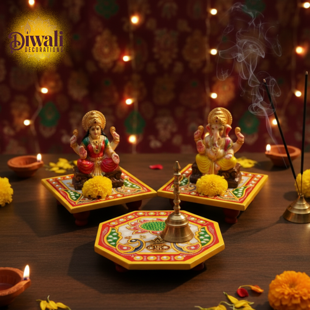 Decorative items for Diwali with statues and a bell on a wooden table.