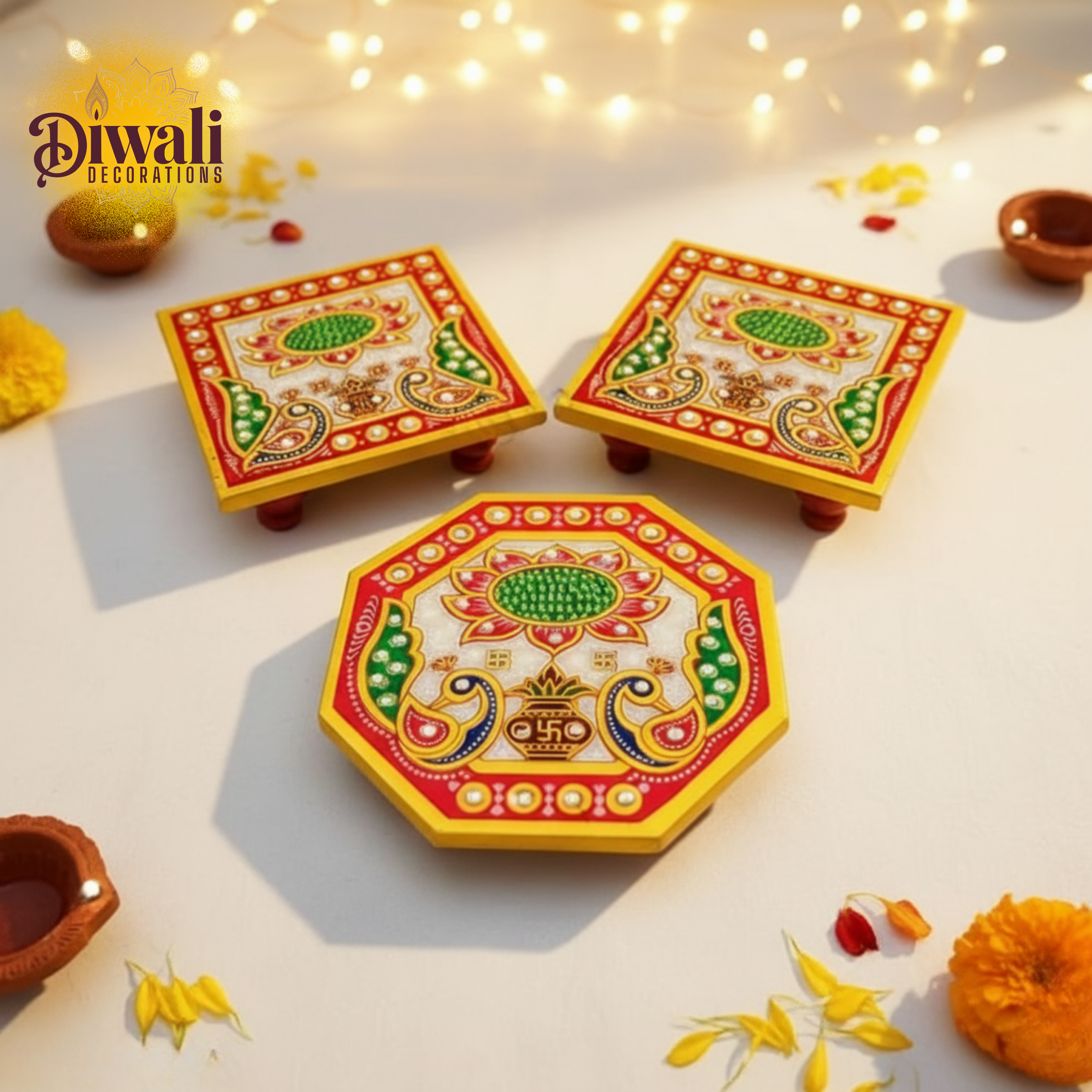 Decorative Diwali coasters with intricate designs on a light background.
