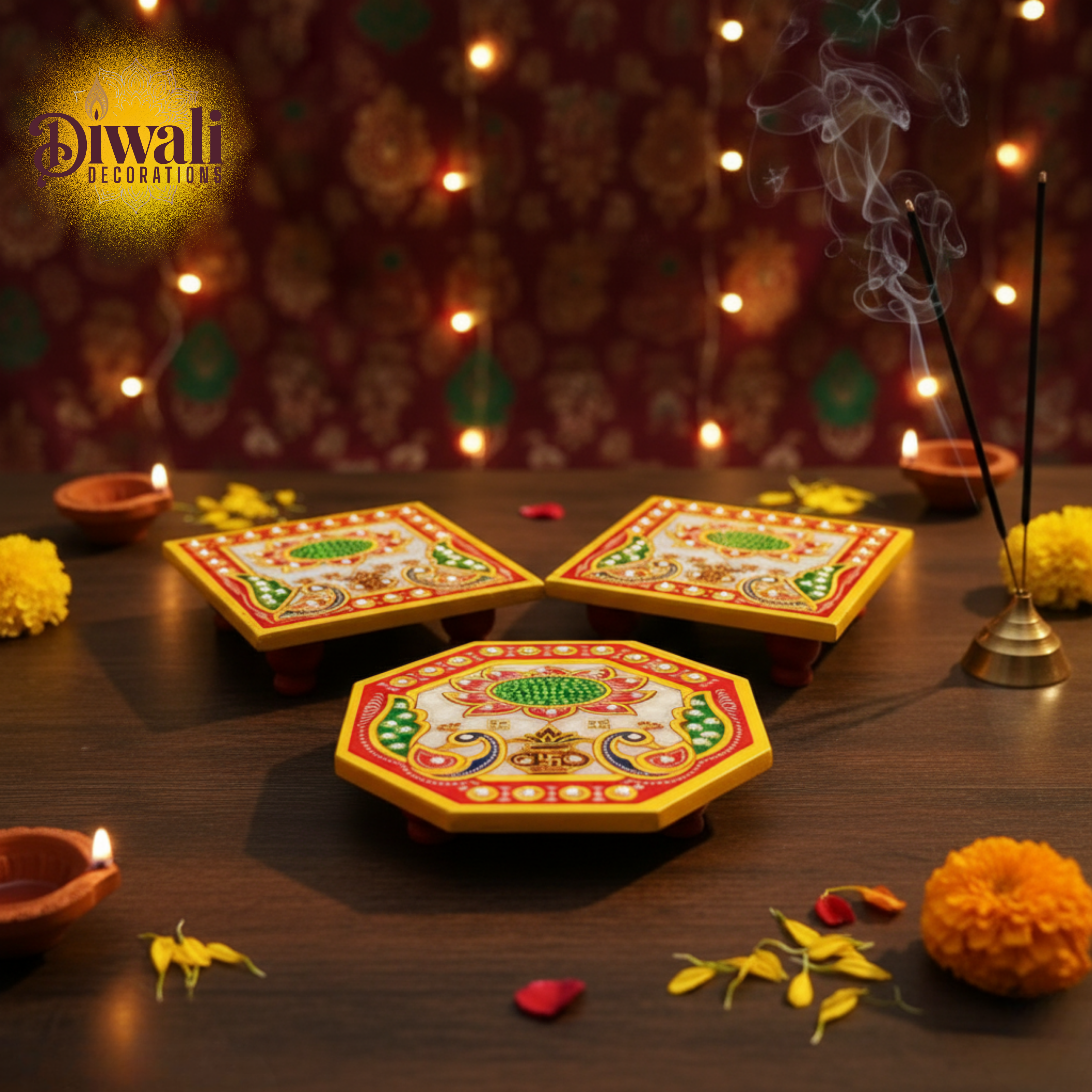 Decorative Diwali thali with lit candles and flowers on a wooden table.