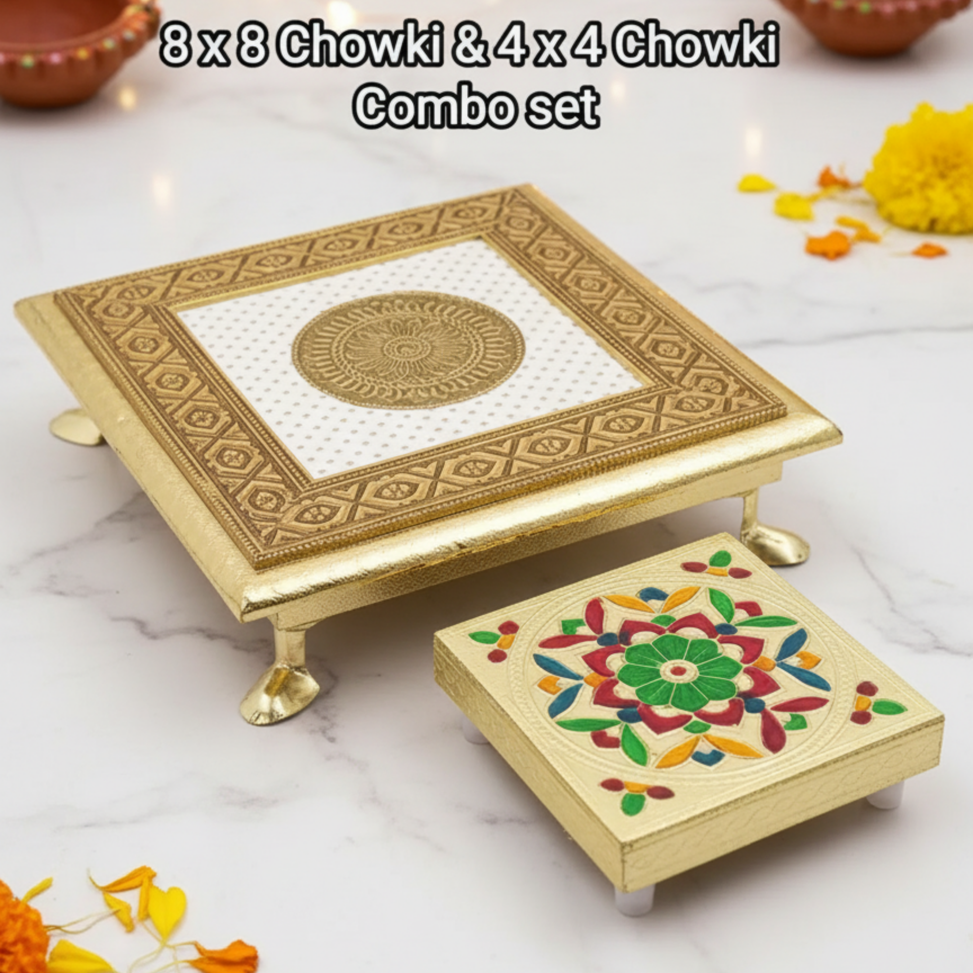 ANTIQUE PUJA CHOWKI (8x8 & 4x4 Inch, Combo Set) — Metal Platform for Diwali Decorations