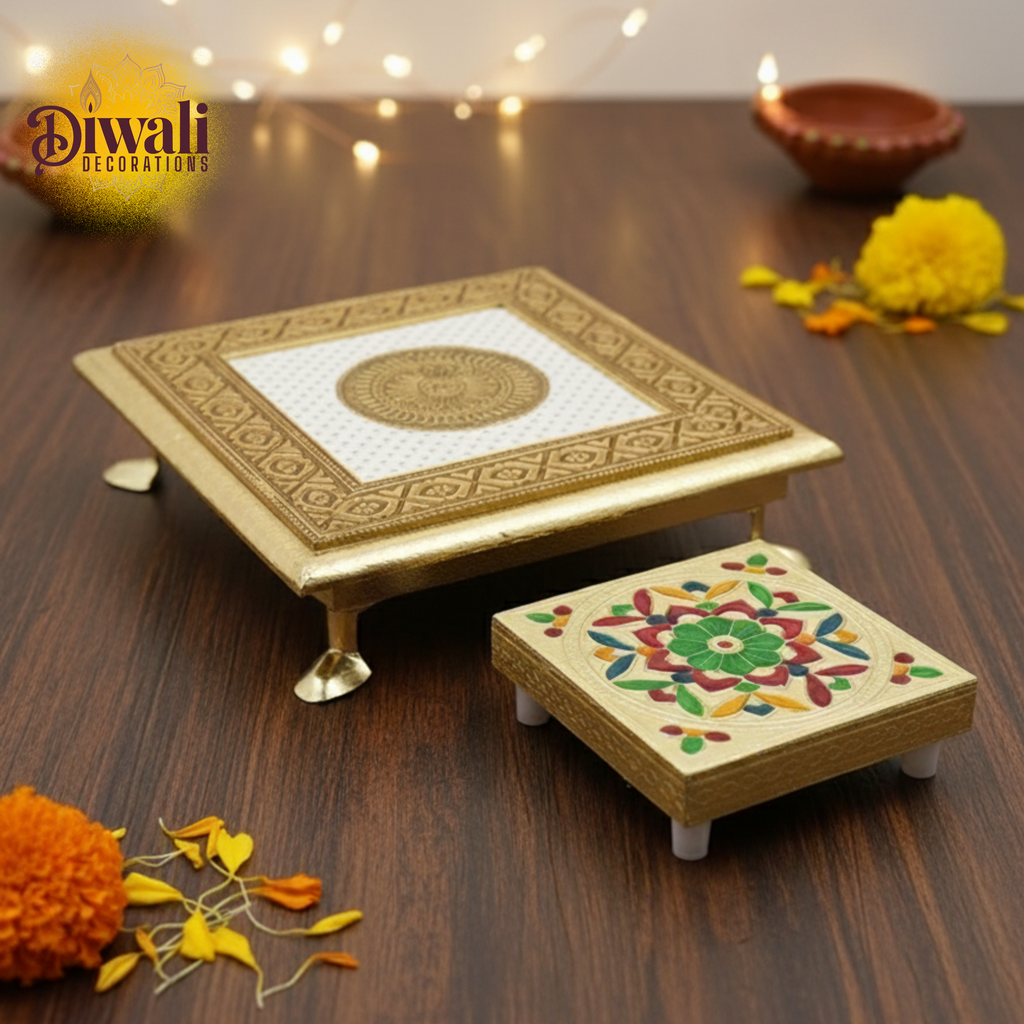 ANTIQUE PUJA CHOWKI (8x8 & 4x4 Inch, Combo Set) — Metal Platform for Diwali Decorations