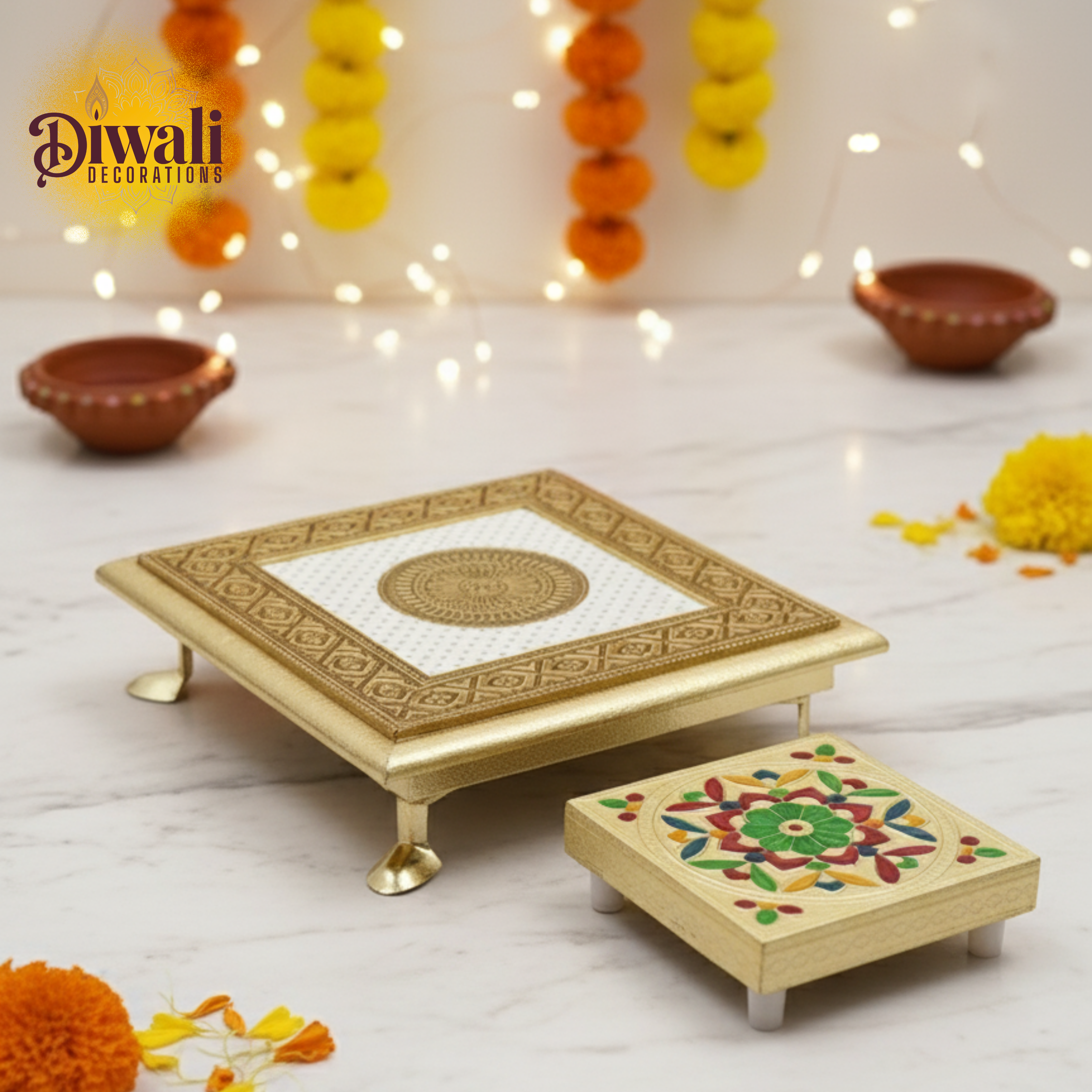 ANTIQUE PUJA CHOWKI (8x8 & 4x4 Inch, Combo Set) — Metal Platform for Diwali Decorations