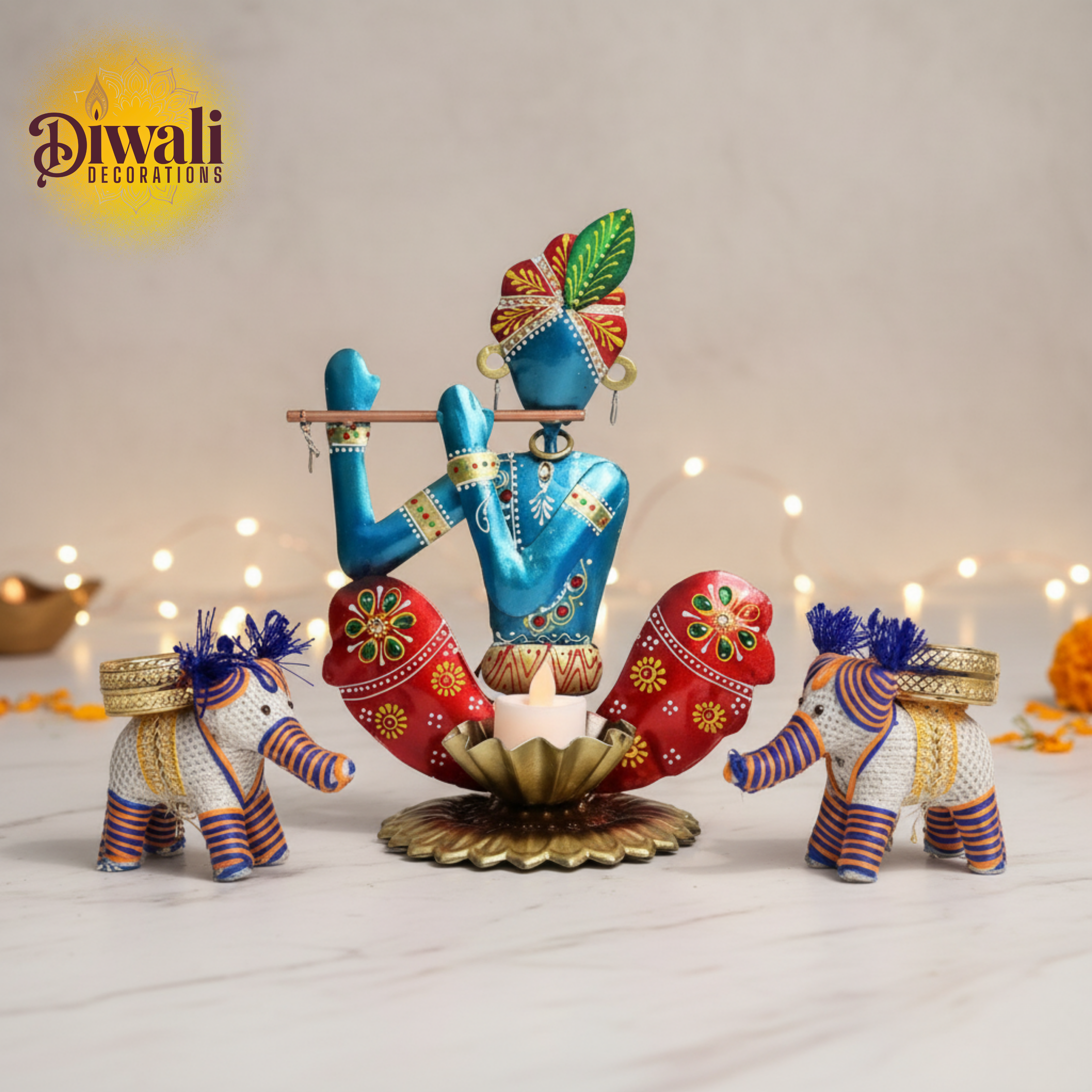 Handcrafted Krishna Musician Showpiece & Elephant Tea Light Holder Set — Spiritual Diwali Decorations