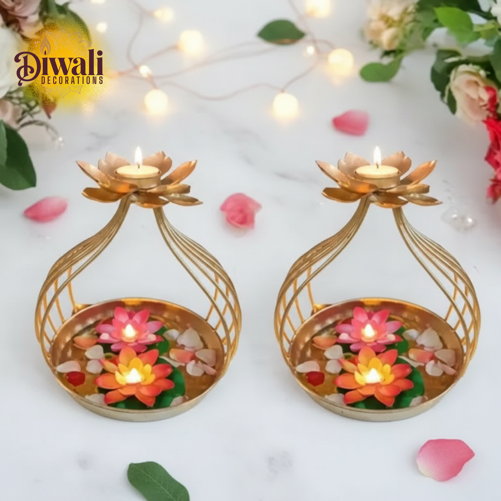 Decorative Metal Diya Urli Stand (8 Inch, Set of 2) — Auspicious Diwali Decorations