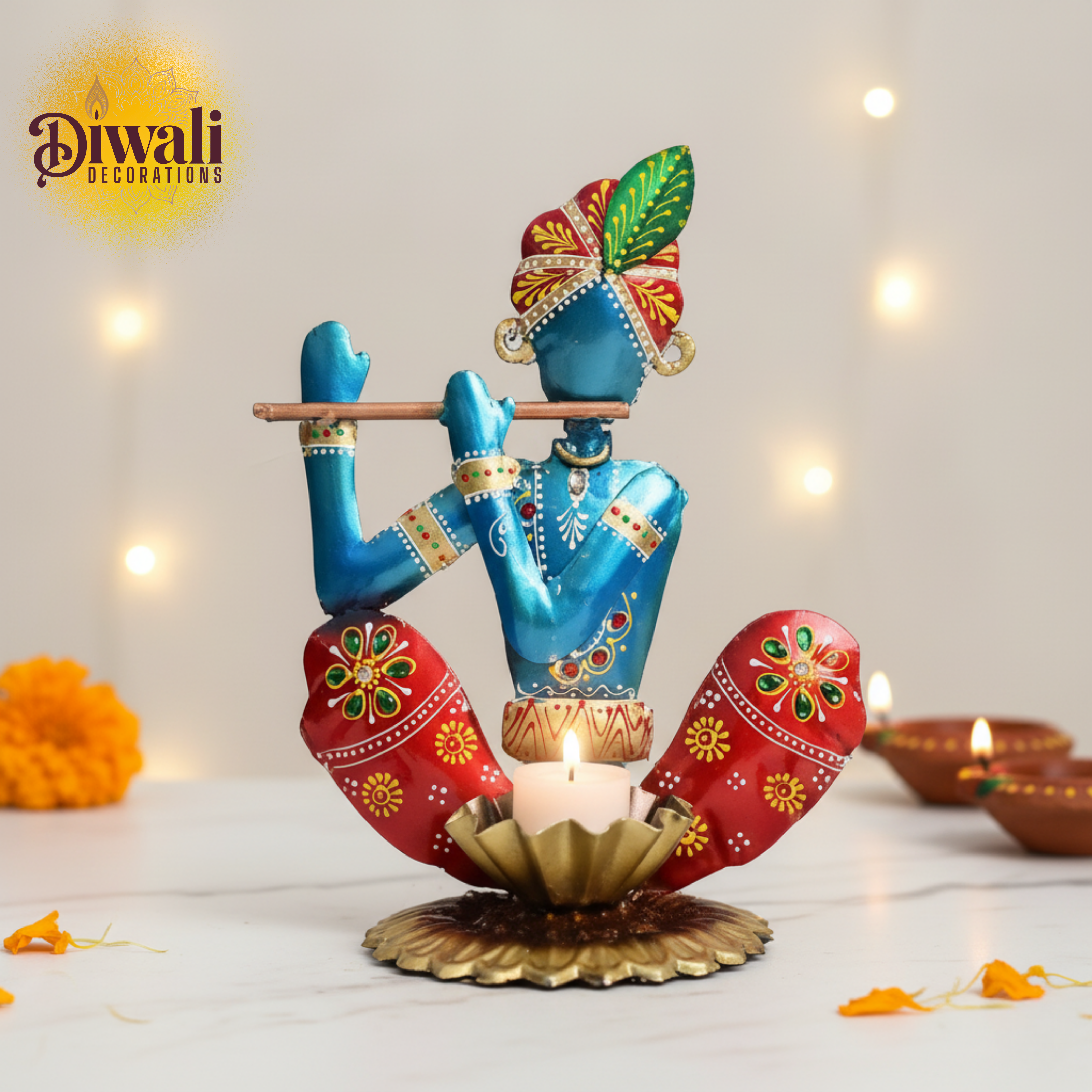 Handcrafted Krishna Musician Showpiece & Elephant Tea Light Holder Set — Spiritual Diwali Decorations