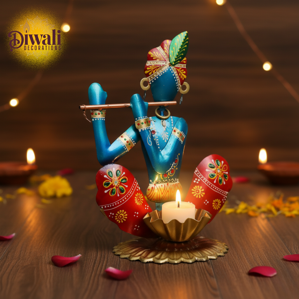 Handcrafted Krishna Musician Showpiece & Elephant Tea Light Holder Set — Spiritual Diwali Decorations