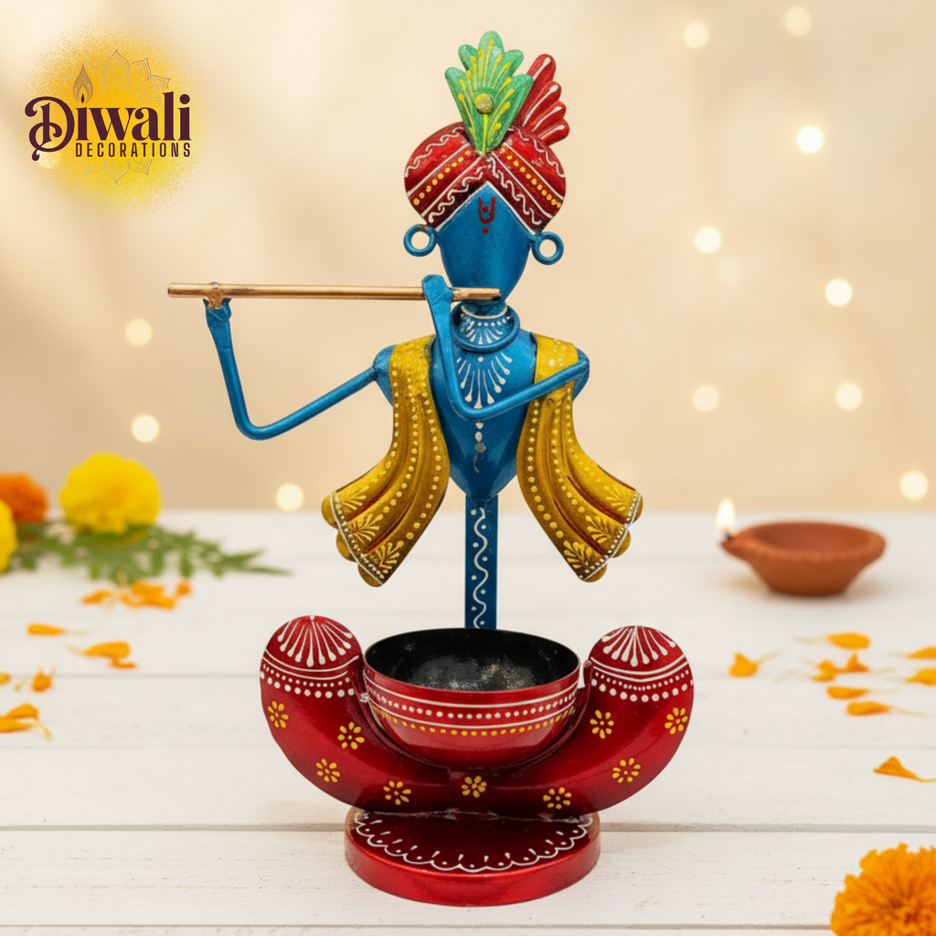Metal Krishna Showpiece Tea Light Holder (11.5 Inch) — Spiritual Diwali Decorations