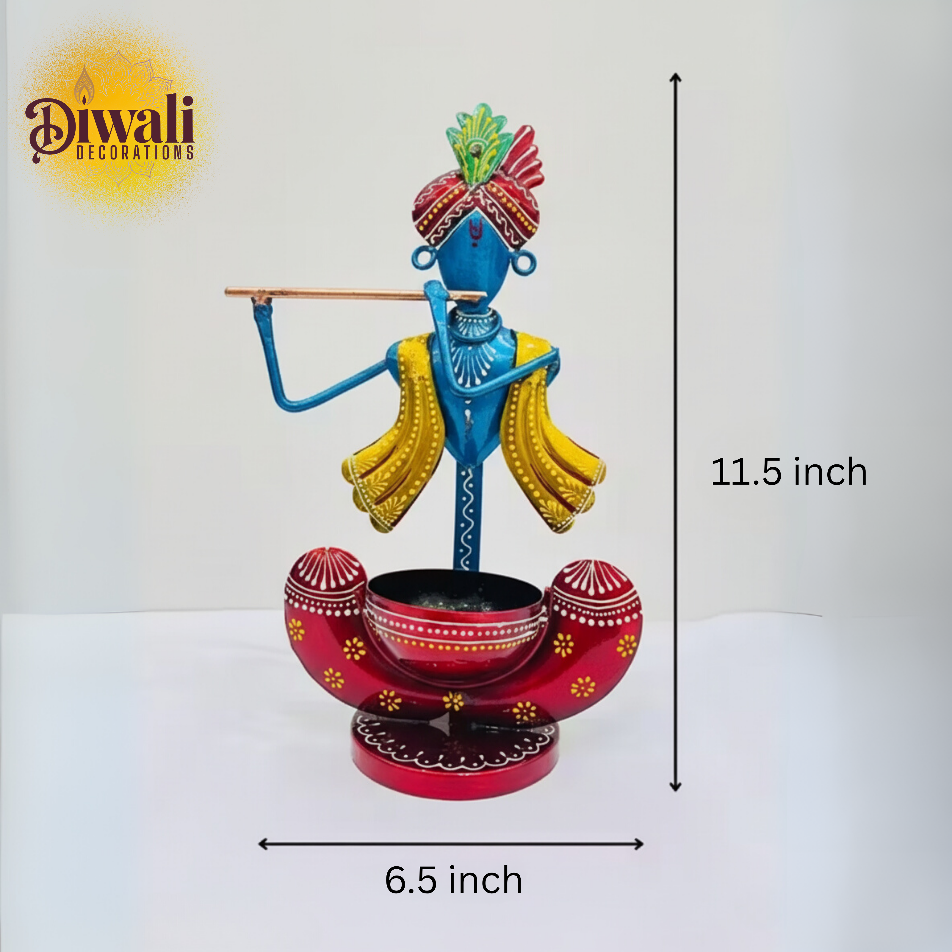 Metal Krishna Showpiece Tea Light Holder (11.5 Inch) — Spiritual Diwali Decorations