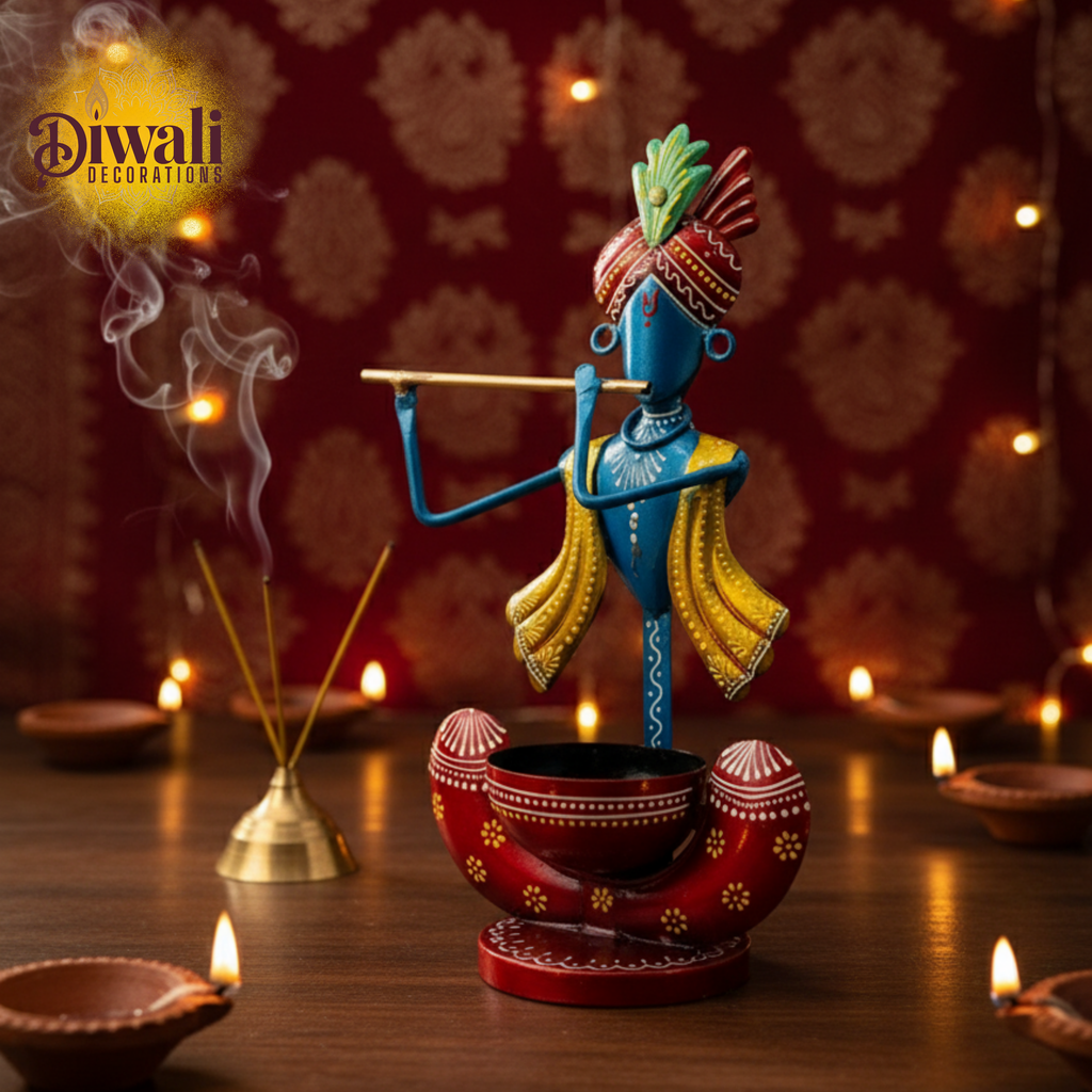 Metal Krishna Showpiece Tea Light Holder (11.5 Inch) — Spiritual Diwali Decorations