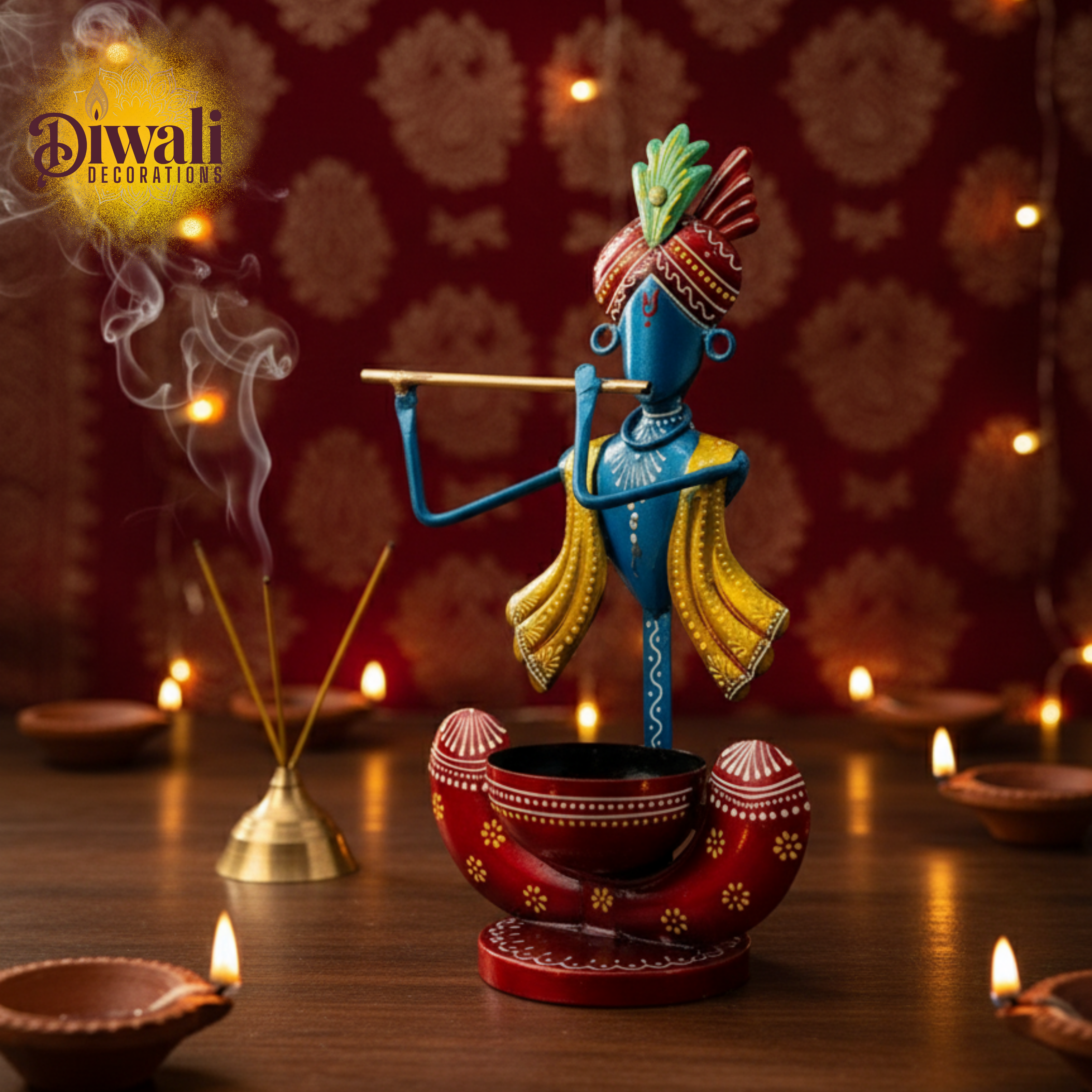 Metal Krishna Showpiece Tea Light Holder (11.5 Inch) — Spiritual Diwali Decorations