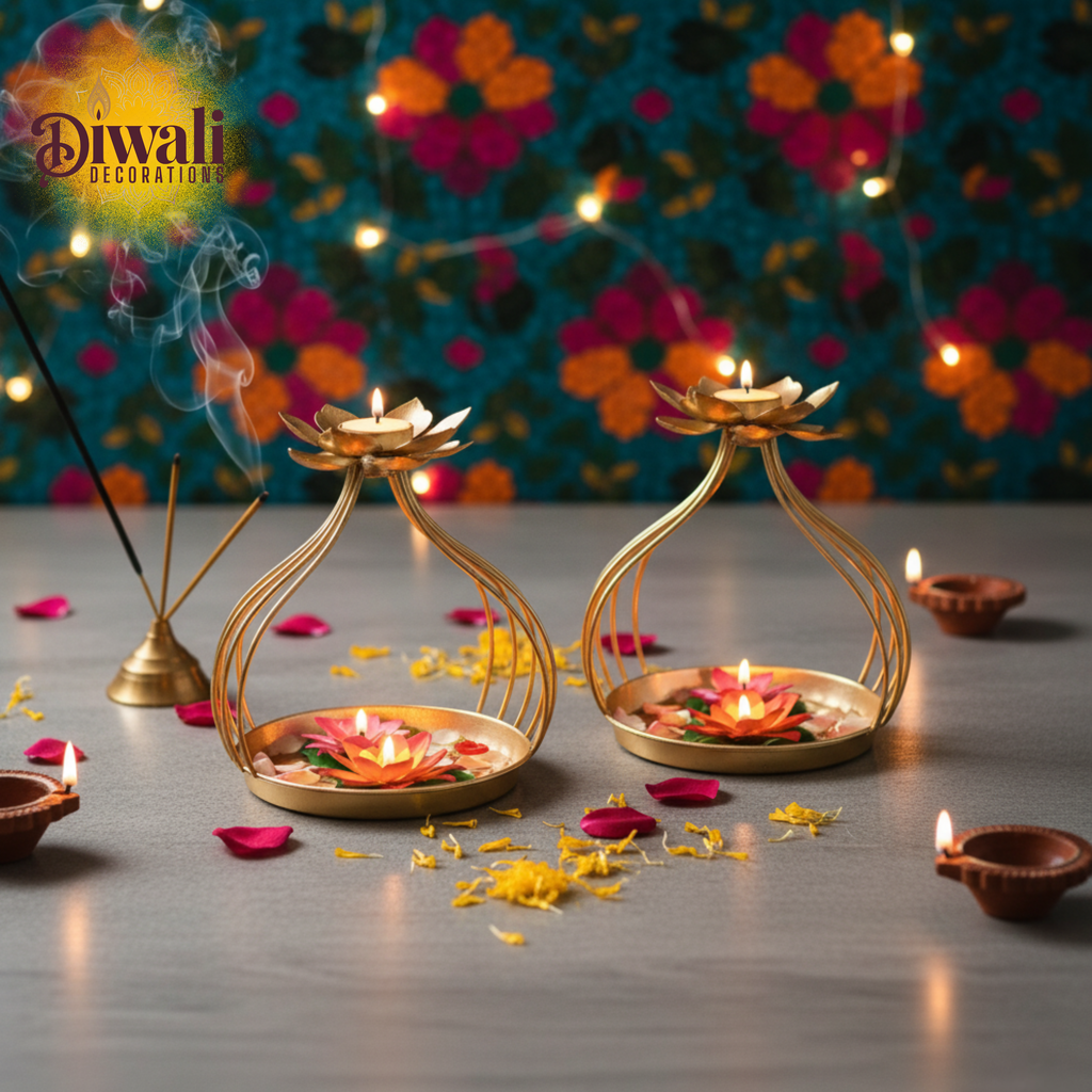 Decorative Metal Diya Urli Stand (8 Inch, Set of 2) — Auspicious Diwali Decorations