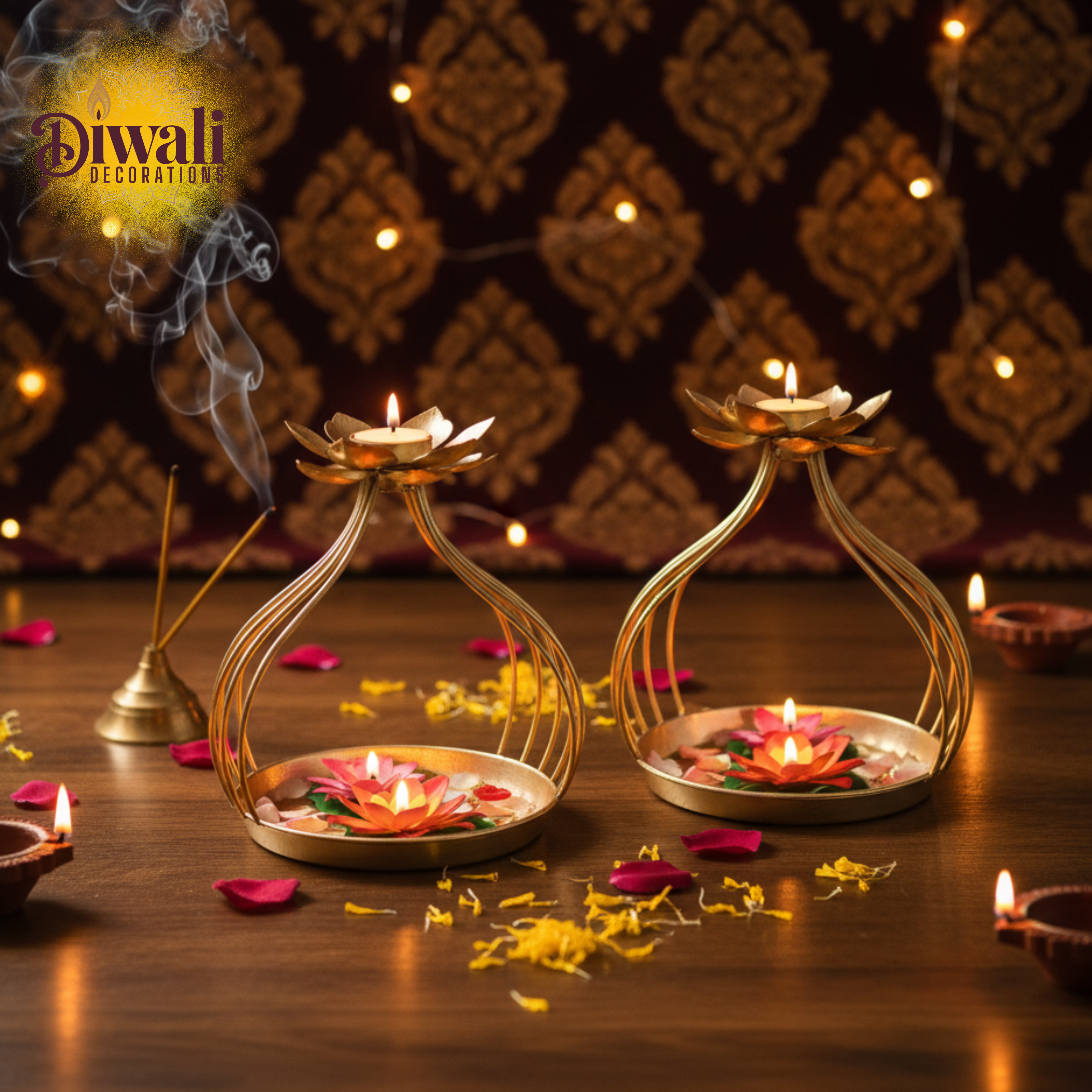 Decorative Metal Diya Urli Stand (8 Inch, Set of 2) — Auspicious Diwali Decorations