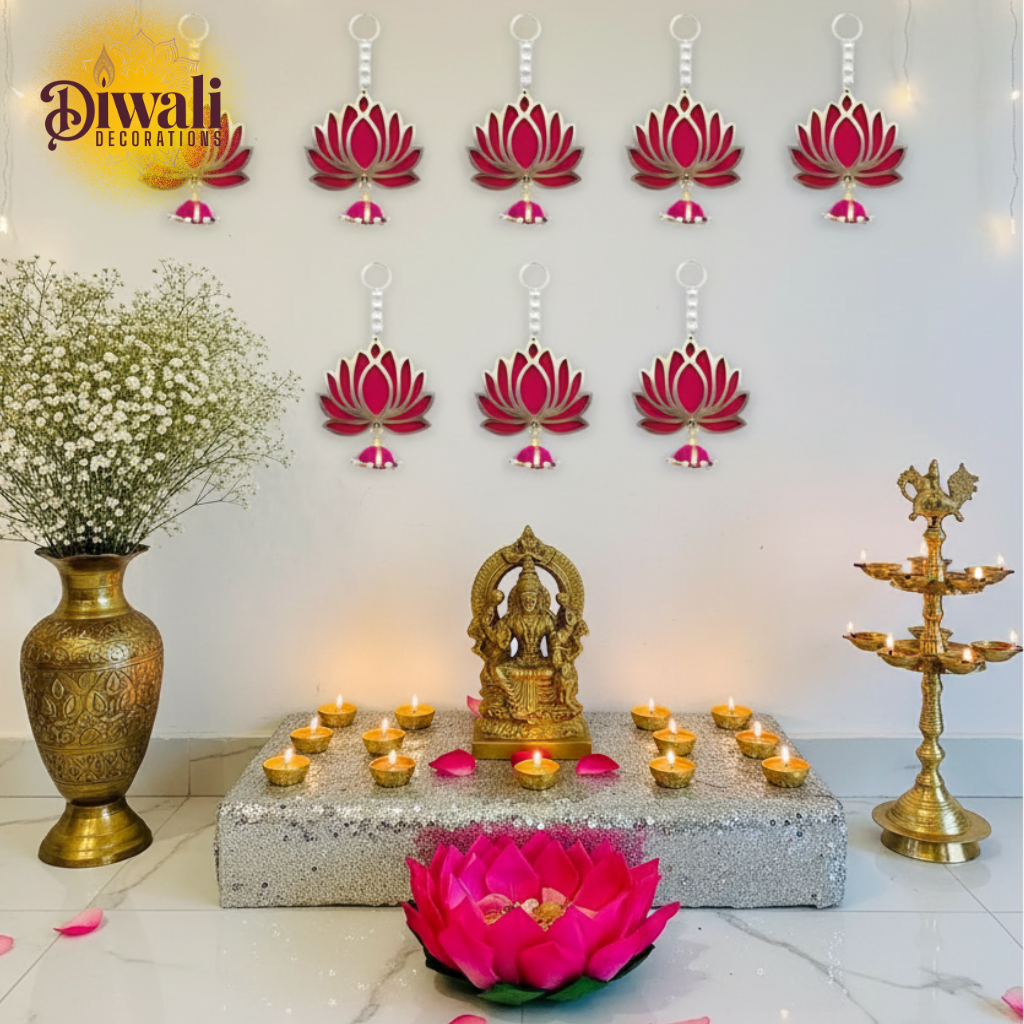 Handmade Wall Decor Lotus with Jhumki Style Hanging (Set of 3, Pink/Raani)