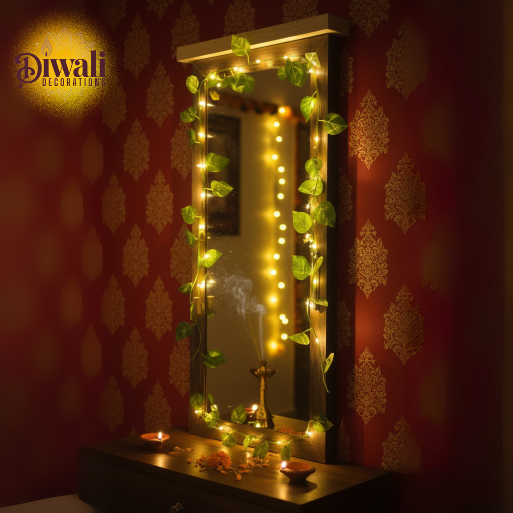 Decorative mirror with string lights and Diwali decorations on a red wall.