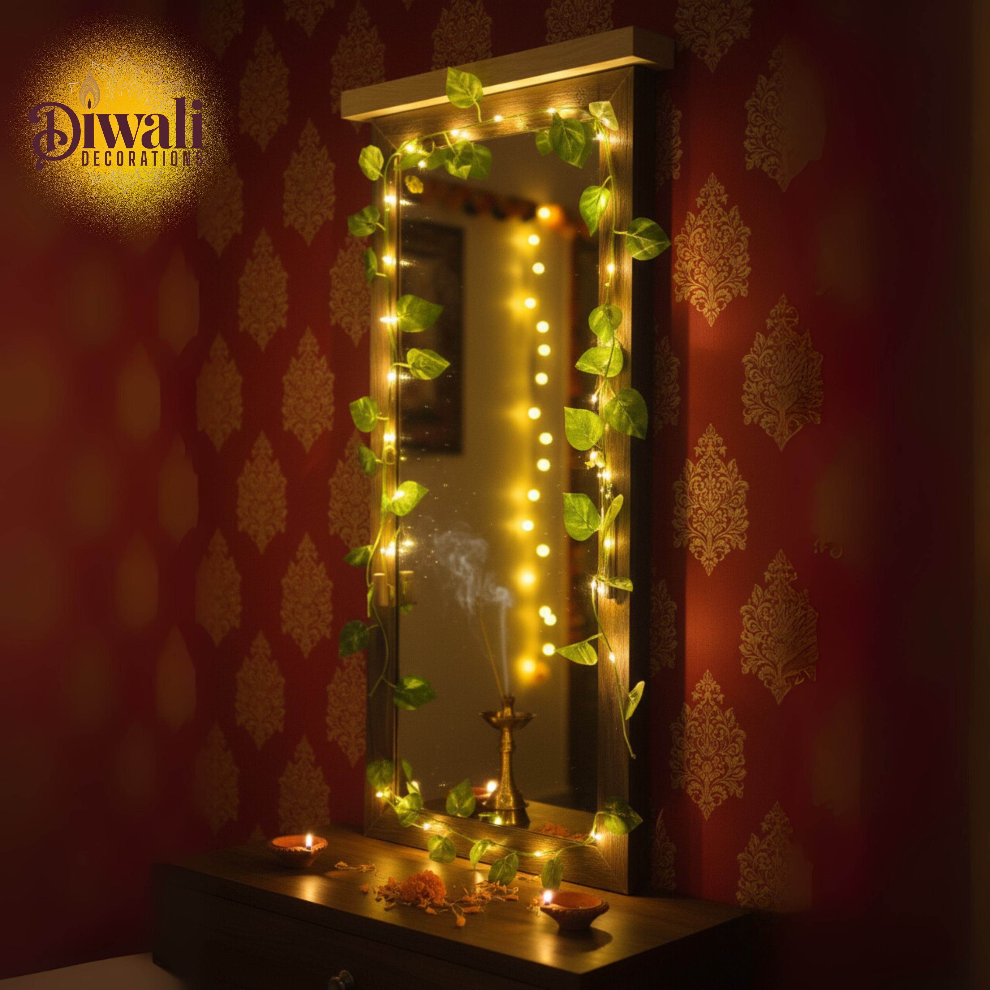 Decorative mirror with string lights and Diwali decorations on a red wall.