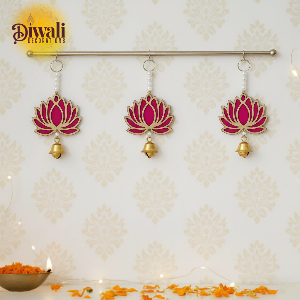 Handmade Wall Decor Lotus with Jhumki Style Hanging (Set of 3, Pink/Raani)