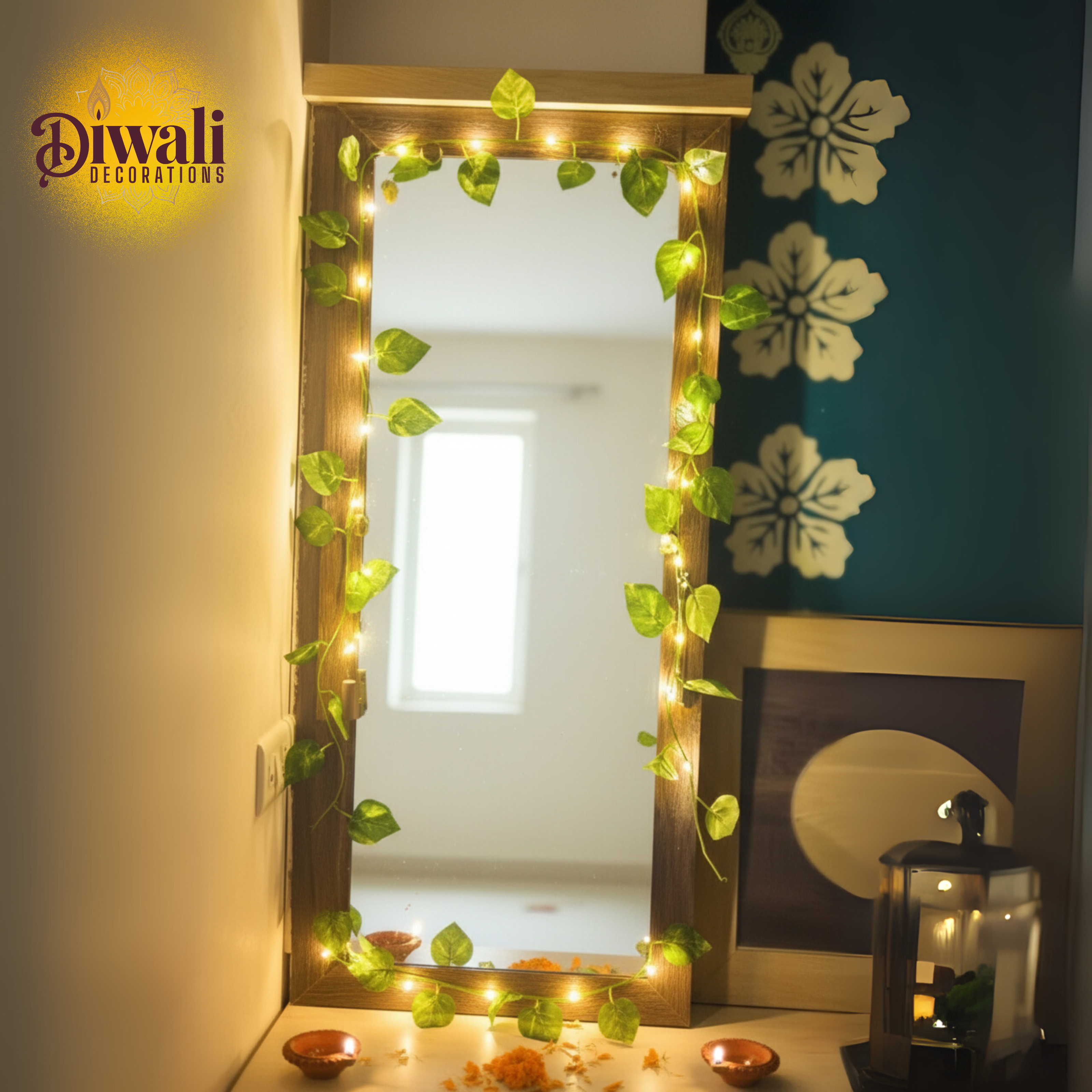 Decorative mirror with fairy lights and Diwali decorations in a room.