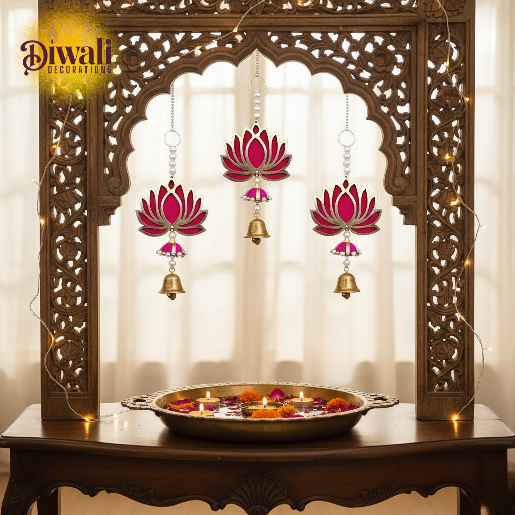 Handmade Wall Decor Lotus with Jhumki Style Hanging (Set of 3, Pink/Raani)