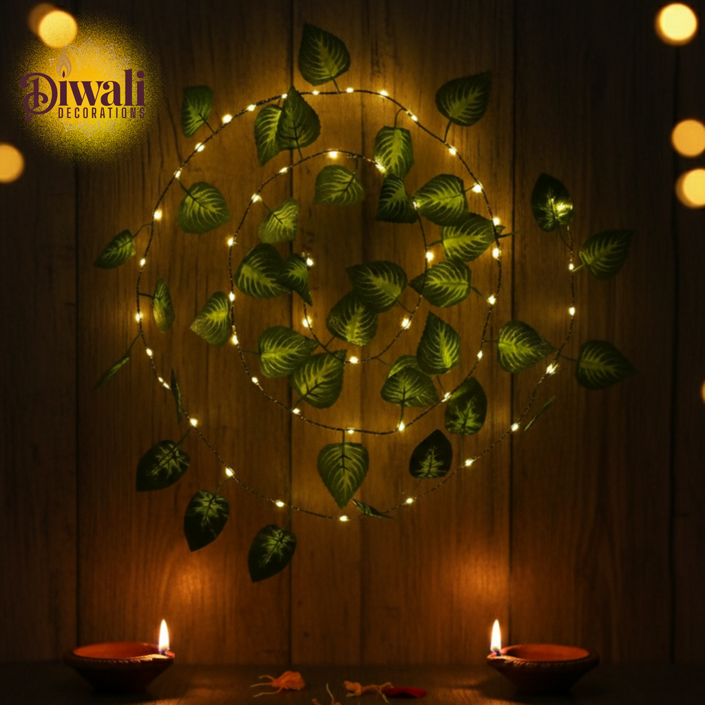 Decorative string lights with leaves on a wooden wall, suitable for Diwali celebrations.