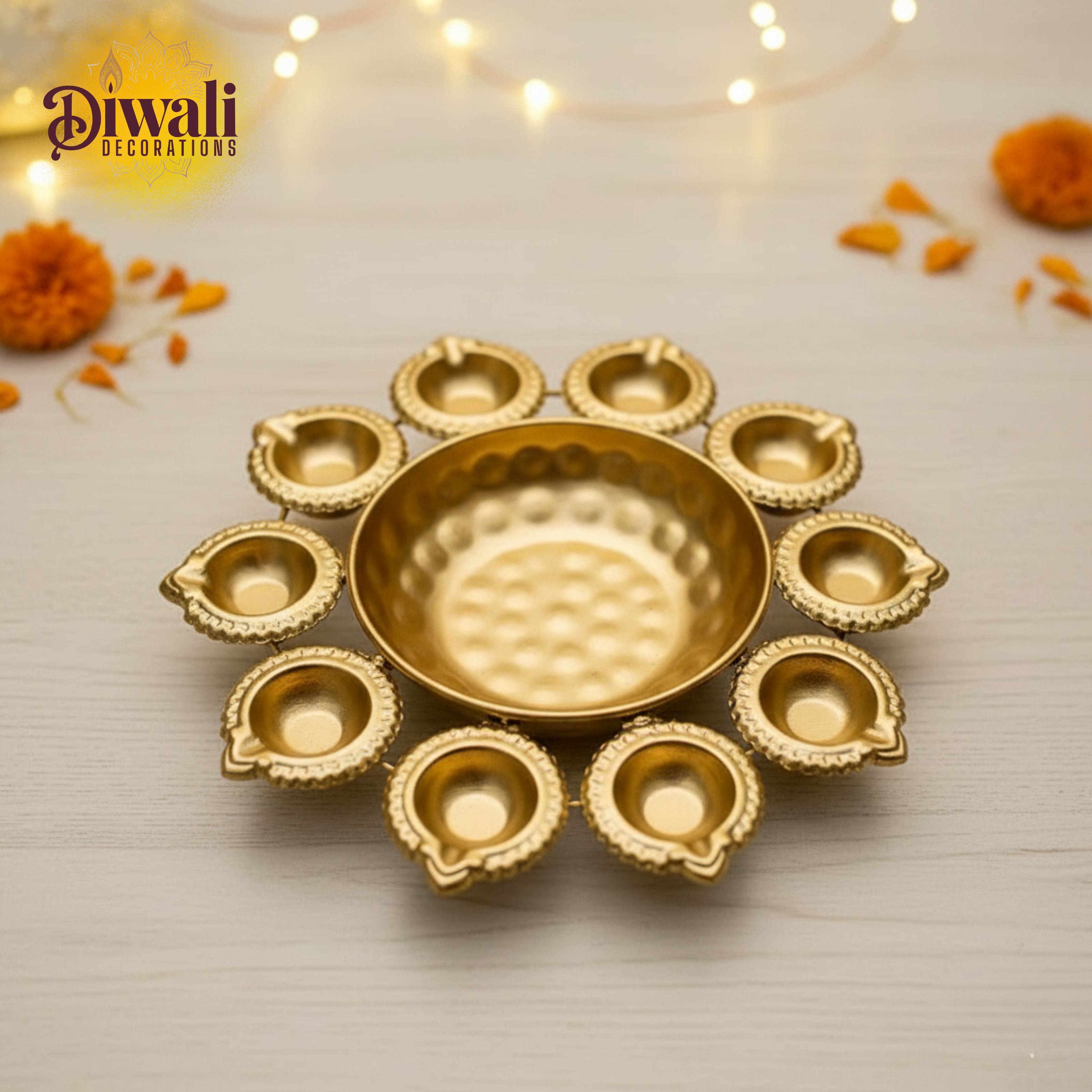 Metal Diya Urli Bowl with Lotus Diya (Set Of 2) — Golden Centerpiece for Diwali Decorations