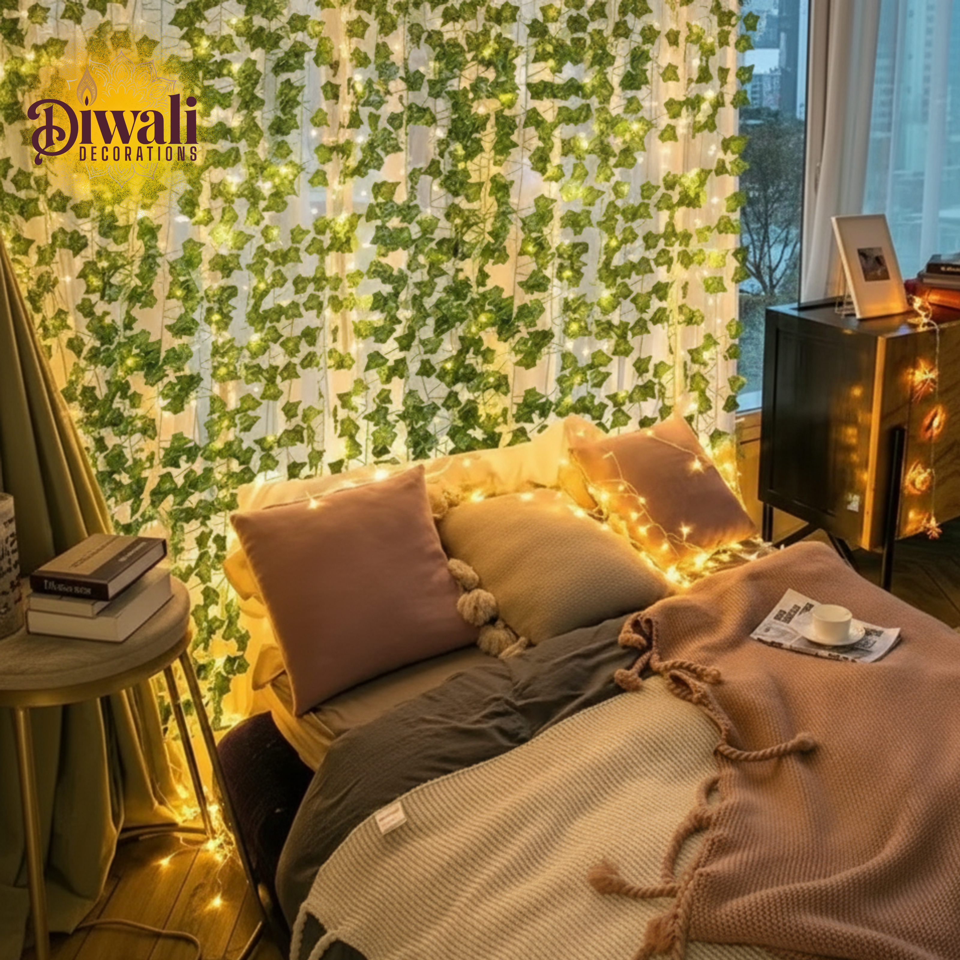 Room interior with Diwali decorations, including a bed with pillows and blankets, a nightstand with a lamp, and a decorative wall with lights.