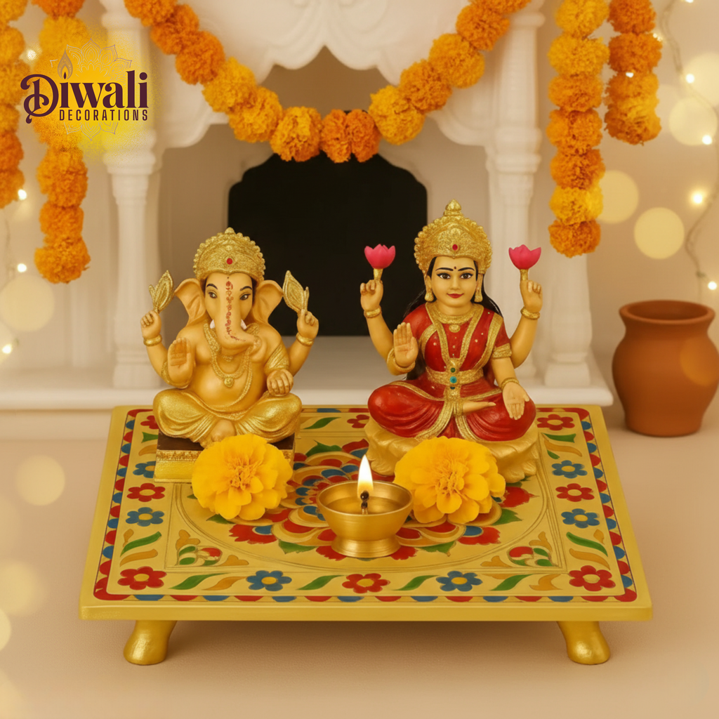 Flower Design Pooja Chowki (8x8) — Golden Patla for Diwali Decorations