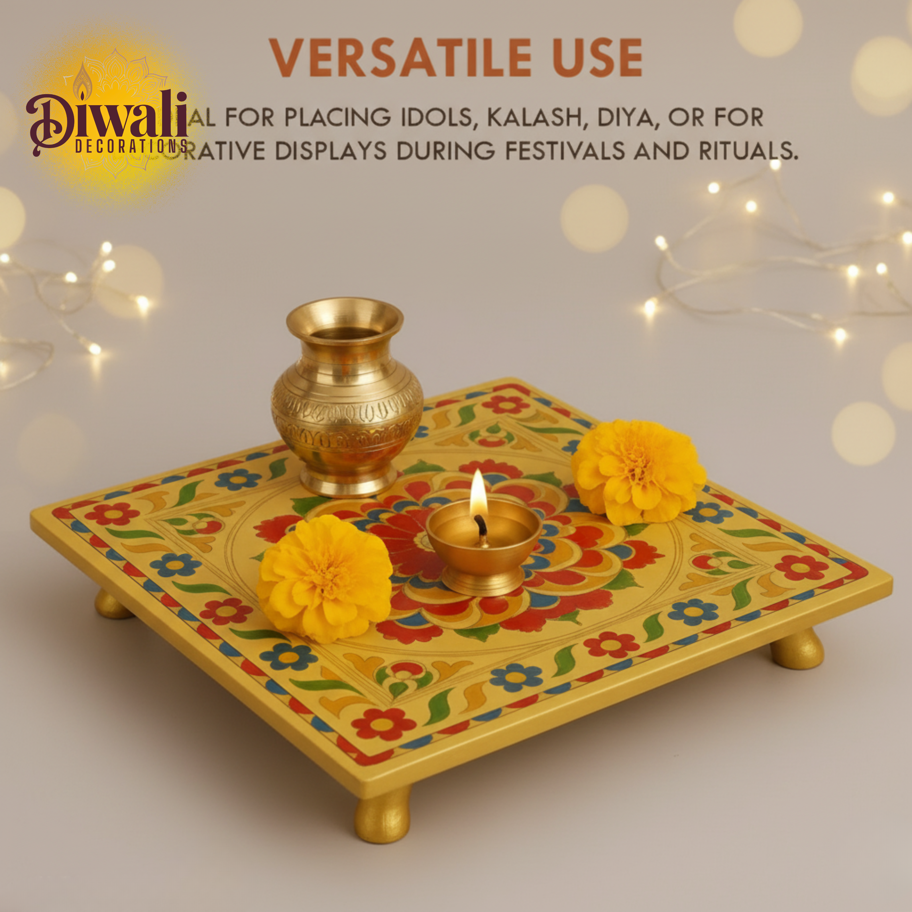 Flower Design Pooja Chowki (8x8) — Golden Patla for Diwali Decorations