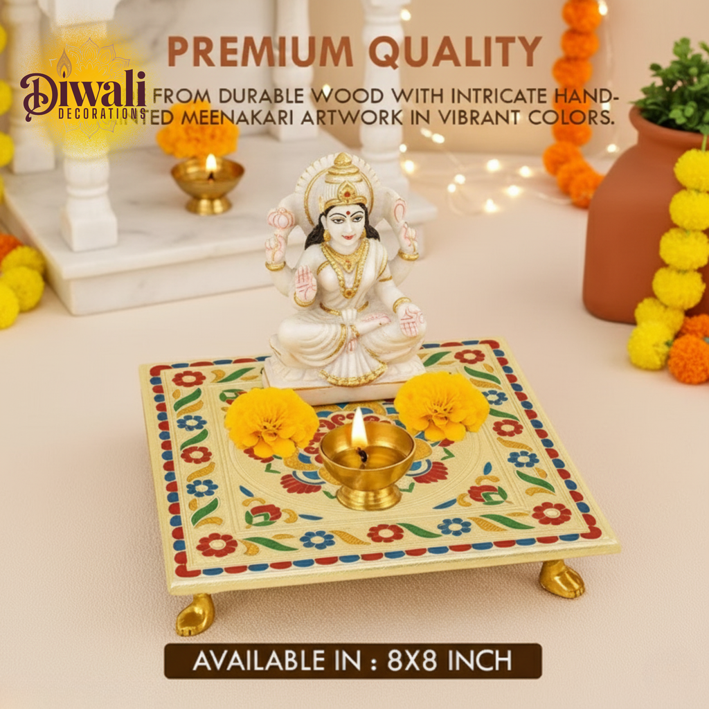 Flower Design Pooja Chowki (8x8) — Golden Patla for Diwali Decorations