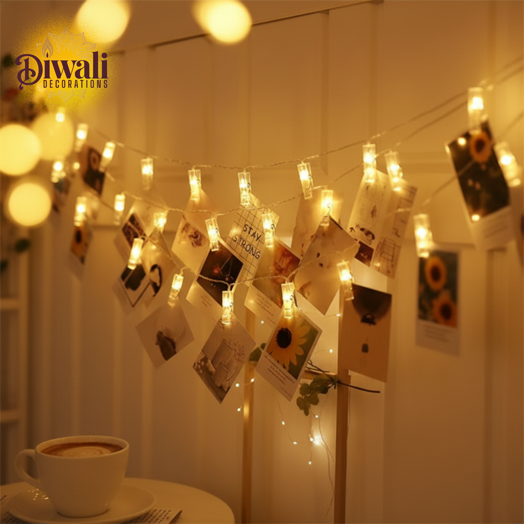 Photo Clip LED String Lights (3 Meter, 14 Clips, Warm White) — Personalized Diwali Decorations