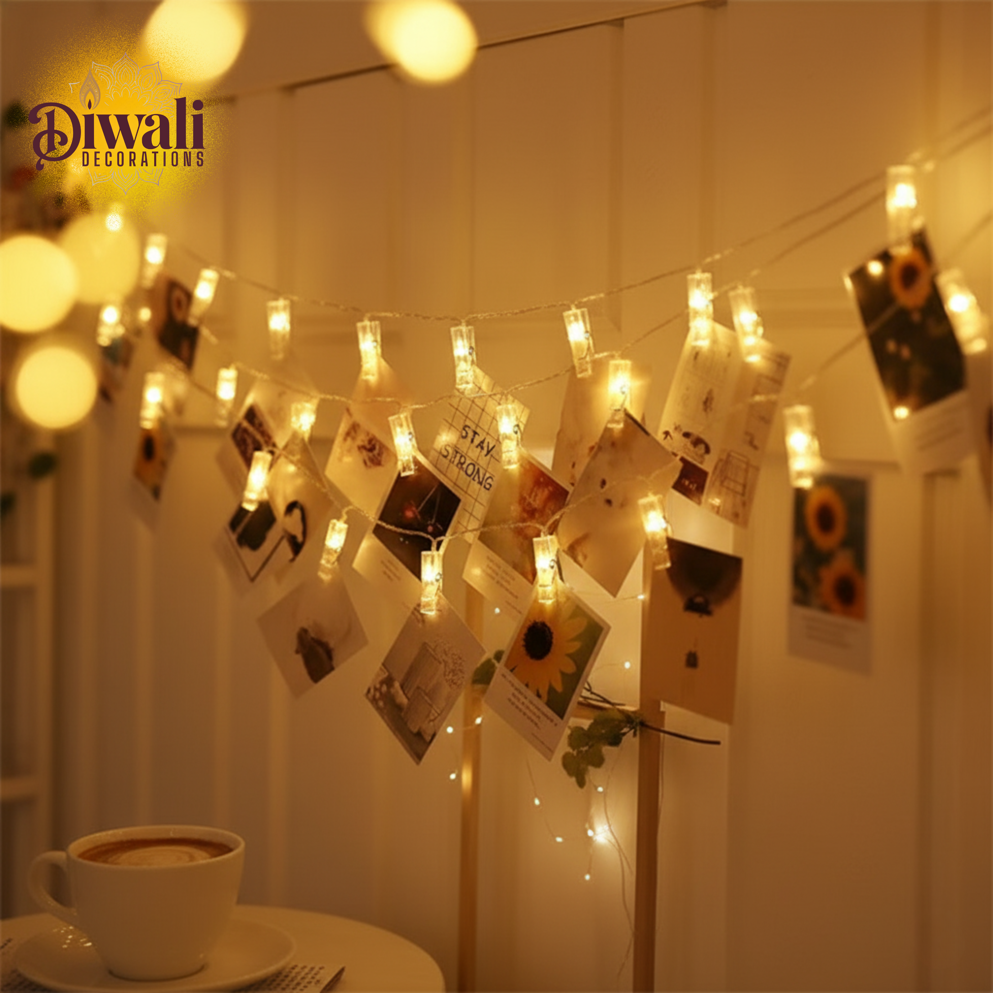 Photo Clip LED String Lights (3 Meter, 14 Clips, Warm White) — Personalized Diwali Decorations