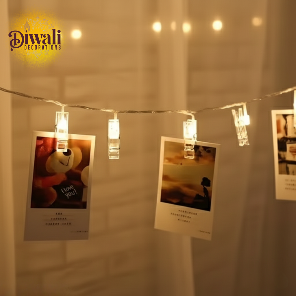 Photo Clip LED String Lights (3 Meter, 14 Clips, Warm White) — Personalized Diwali Decorations